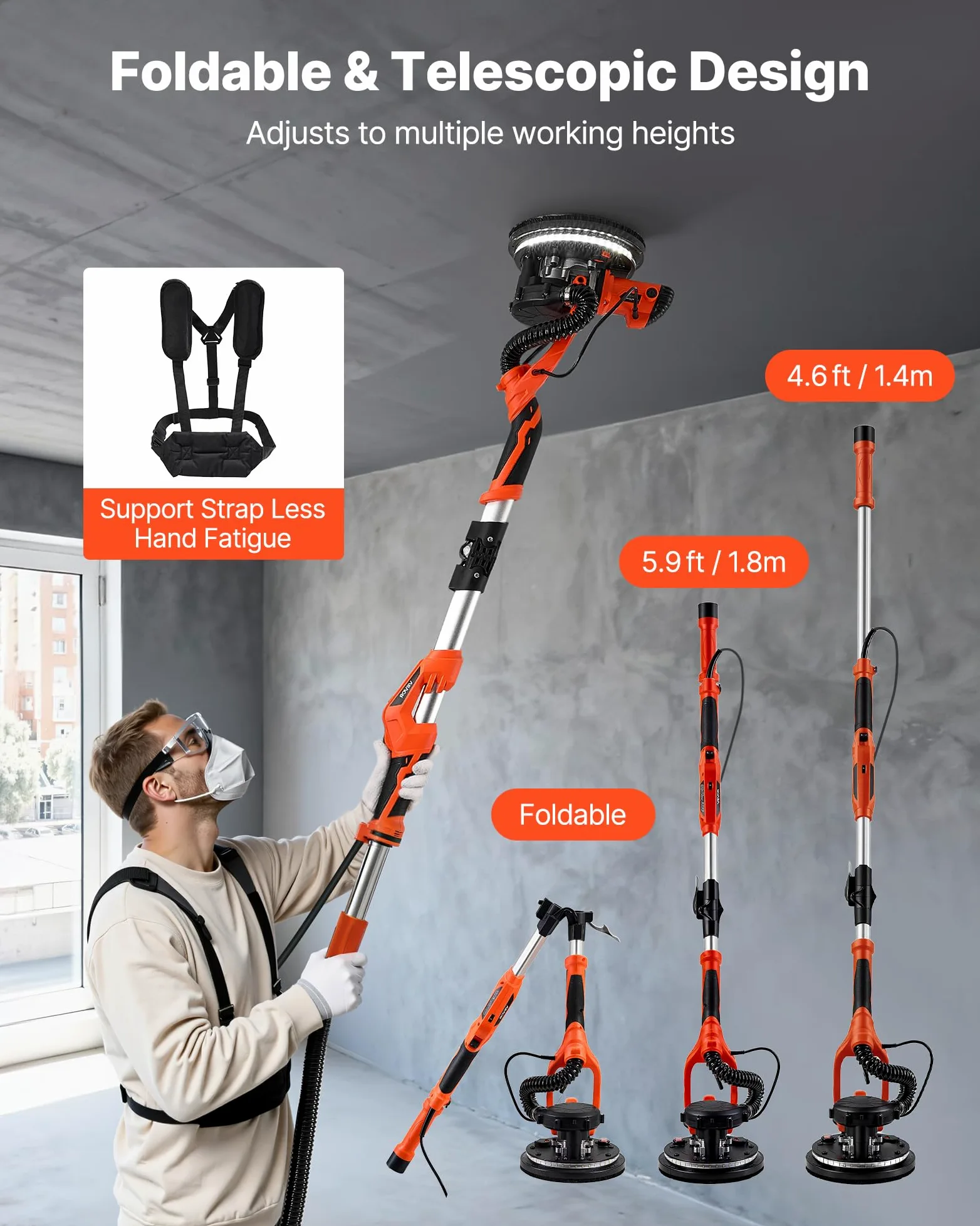 VEVOR Lijadora de Pared y Techo 1150W, Lijadora Jirafa, 5 Velocidades 800-1700 RPM, Tubo Telescópico 1,4-1,8 m, Aspiradora LED Integrados, 15 Hojas de Papel de Lija, Pulidora para Pared de Yeso Gotelé