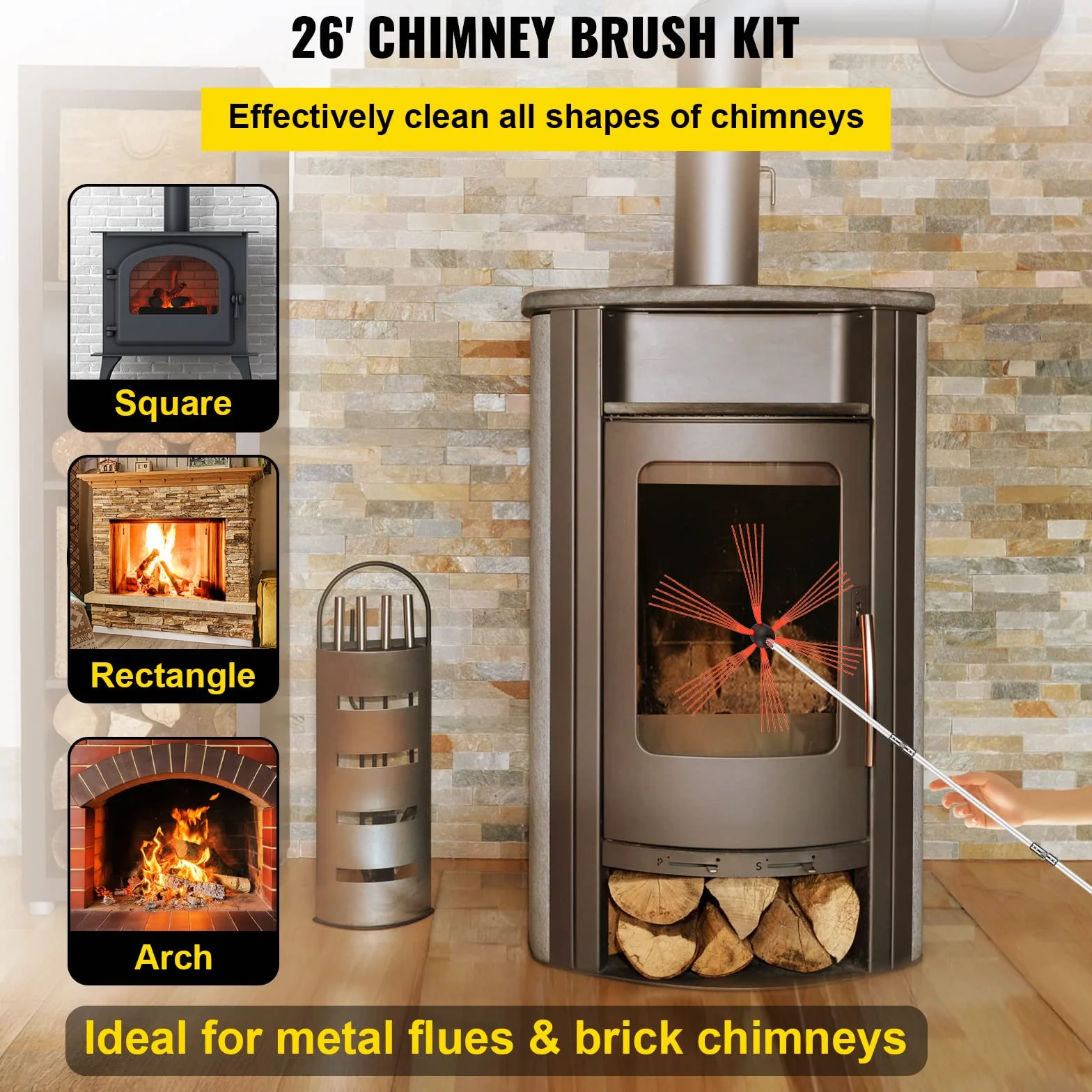 VEVOR Kit Deshollinador Flexibles 8 m Con 8 Varillas - Cepillo Nylon Para Chimeneas de Leña - Limpia Chimeneas 6M 8M 10M 12M