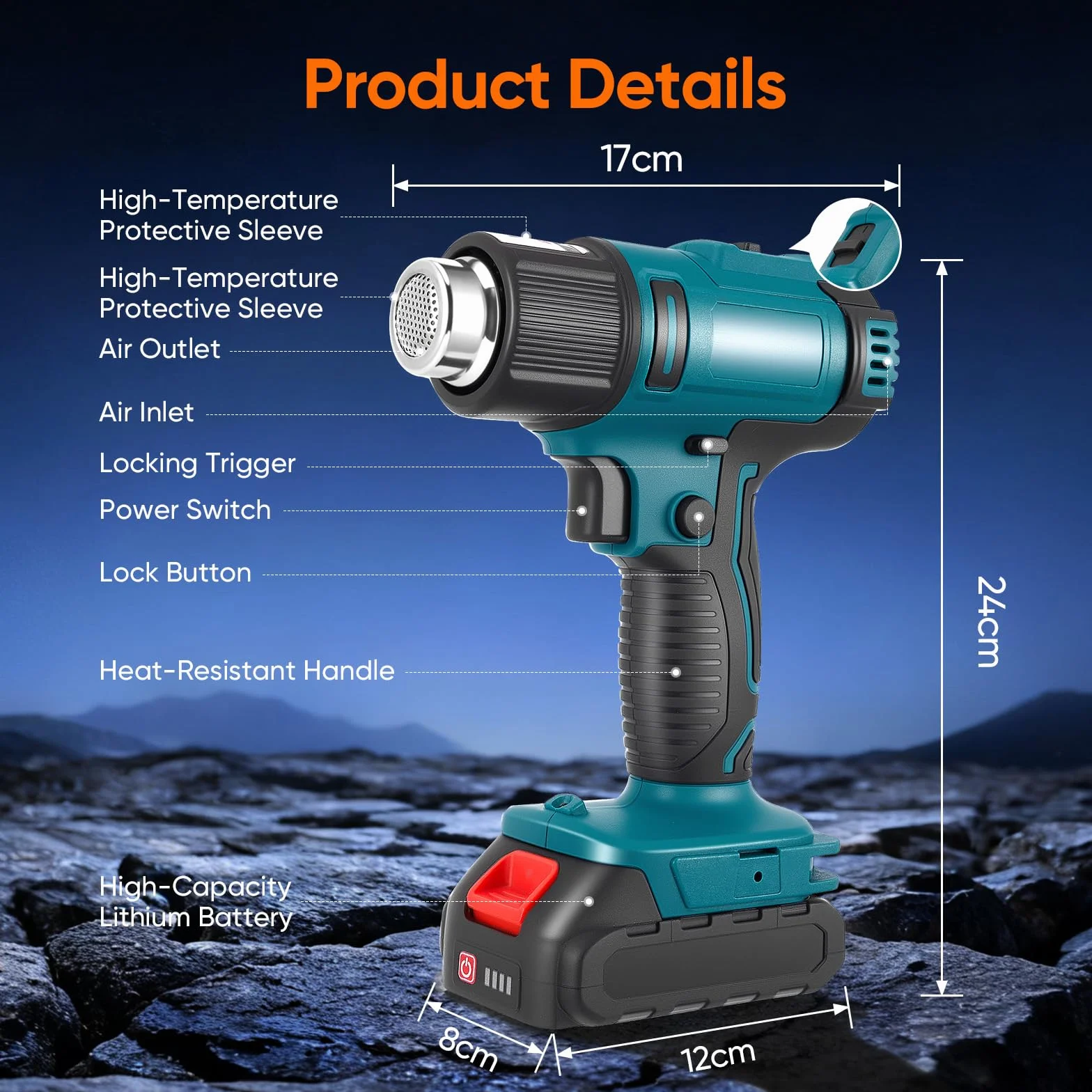 Pistola de aire caliente a batería 50-550 °C 2 baterías 4.0 Ah inalámbrica para soldar plásticos 5 boquillas