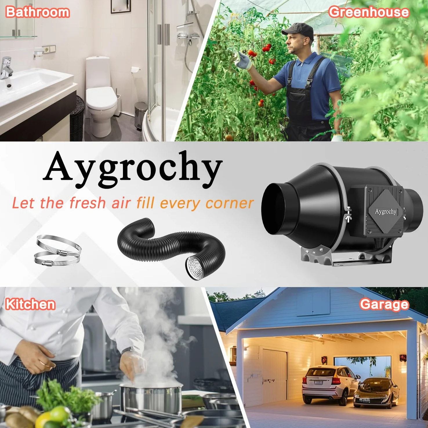 Aygrochy Ventilador Extractor de Aire 100mm con manguera, ventilador de escape con motor EC trifásico para Baño, Sótano, Garaje, Cocina, Tente de Culture Hydroponique