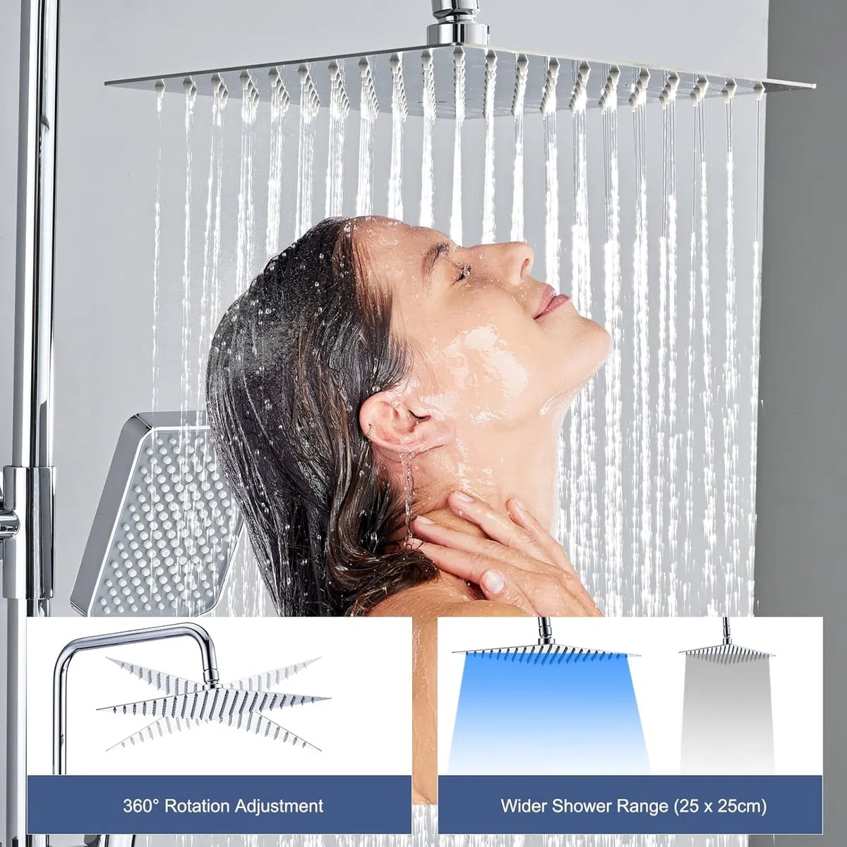 Columna Ducha Termostática, DETBOM Set de Ducha Cuadrado Acero Inox, Cabezal de Ducha de Lluvia, Barra Ducha de Altura Ajustable, Cromada