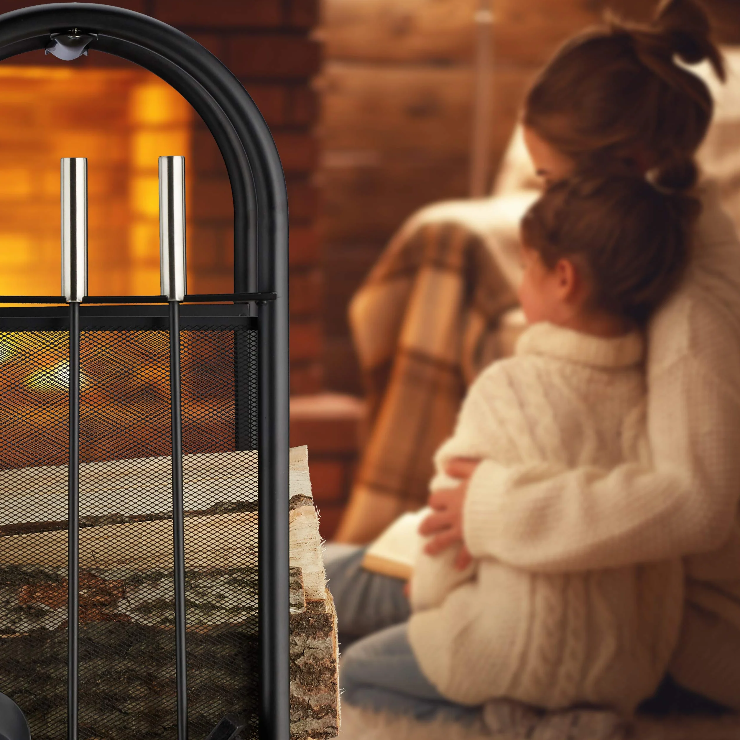 Relaxdays Leñero con accesorios de chimenea, Soporte portátil, Pala para cenizas, Cepillo & Atizador, Negro