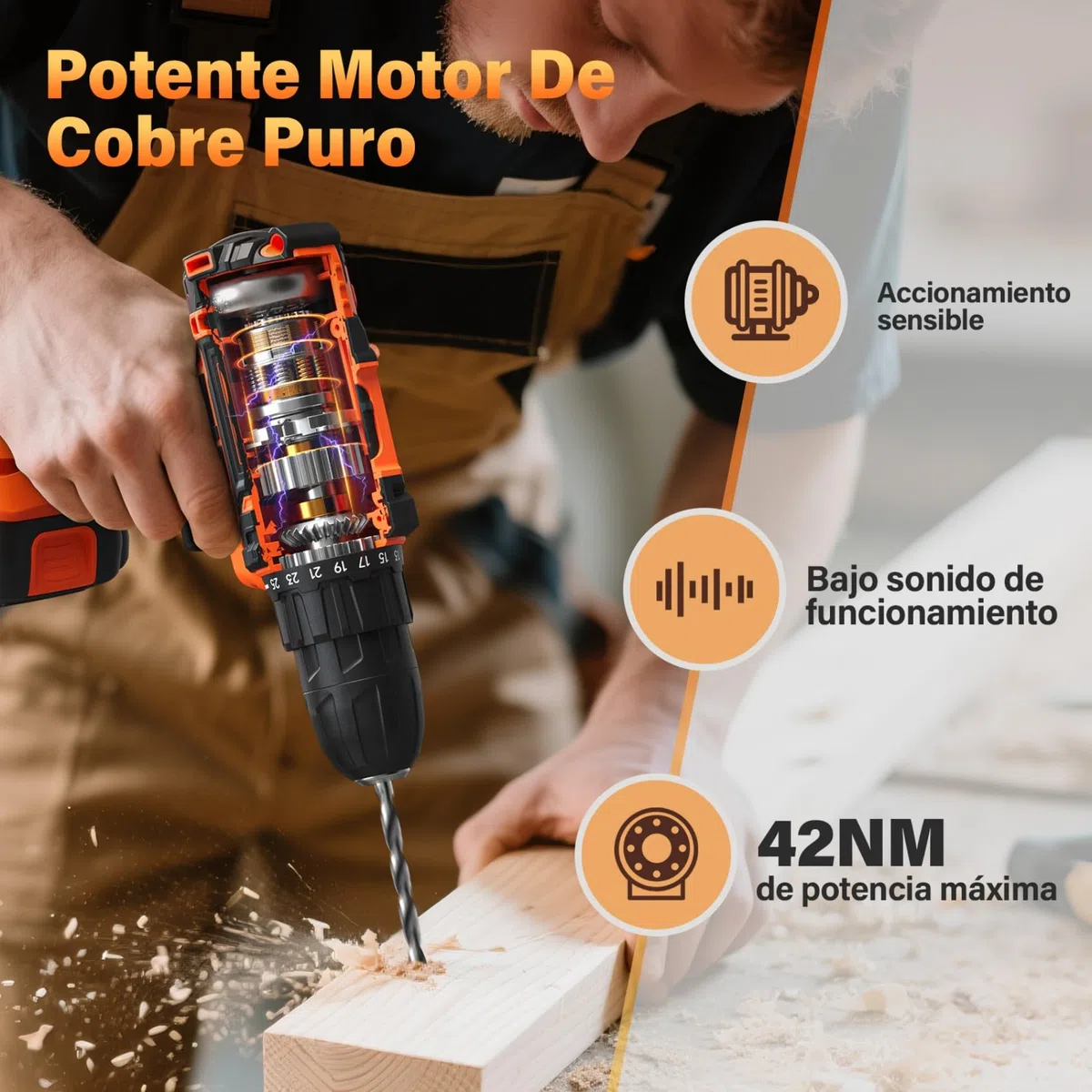 Taladro Atornillador a Batería 20V Inalámbrico, 42Nm Alto Torque, 2 Baterías Recargables 2000mAh, 25+1 Ajustes de Par, 2 Velocidades, Portabrocas 10mm, Luz LED Integrada, Juego 24 Piezas Accesorios