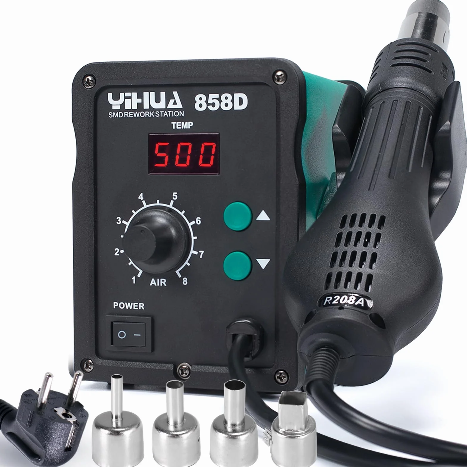 YIHUA 858D estacion soldadura aire caliente SMD desoldadura estacion de calor de 700W con temperatura y volumen de aire ajustable, control de temperatura PID, función de inicio/parada auto EU plug