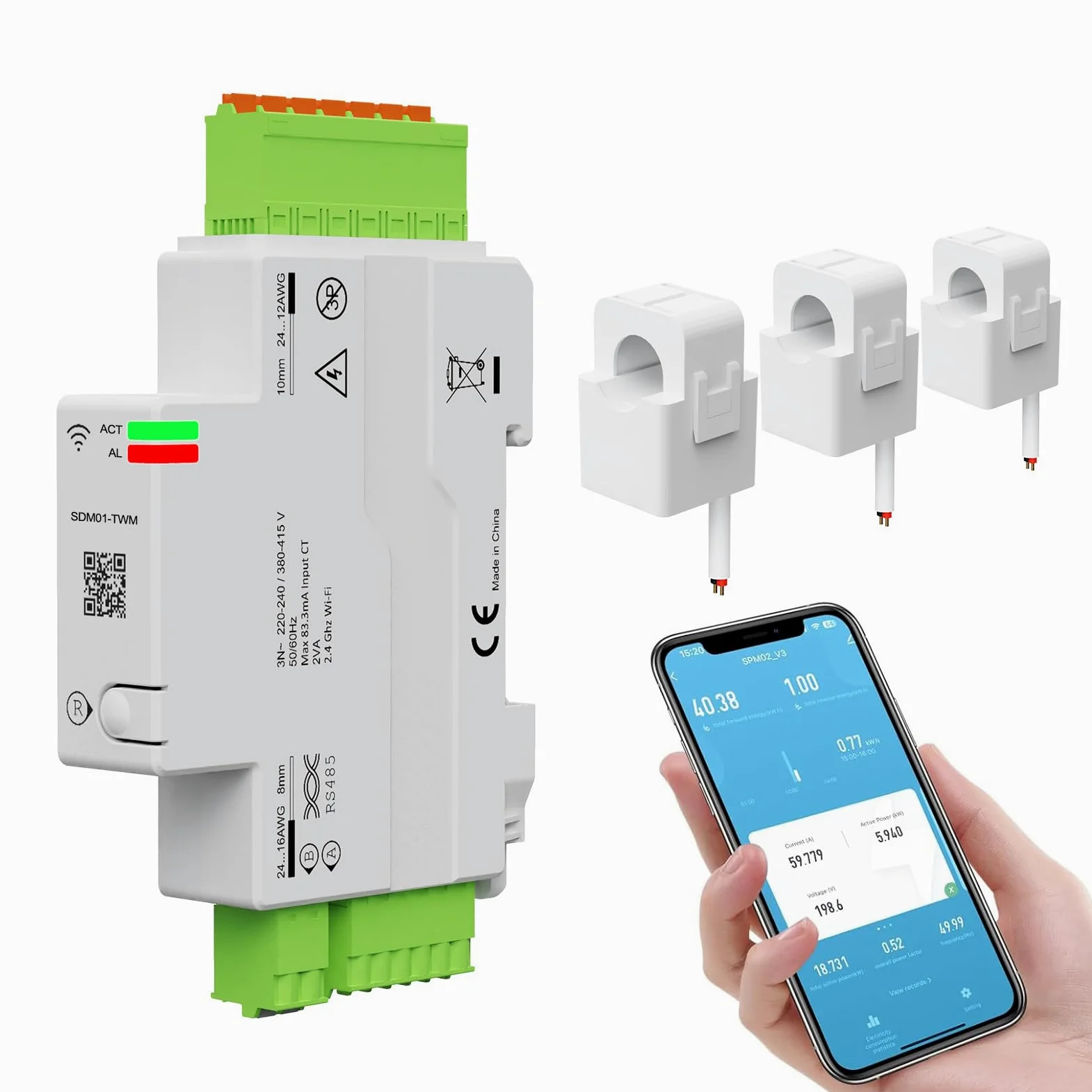 Yasorn Medidor de Energía Wi‑Fi 3 Fases 3×80A, Monitor Inteligente de Consumo y Potencia, Medición en Tiempo Real vía App Smart Life/Tuya, Montaje en Carril DIN, Compatible Alexa & Google