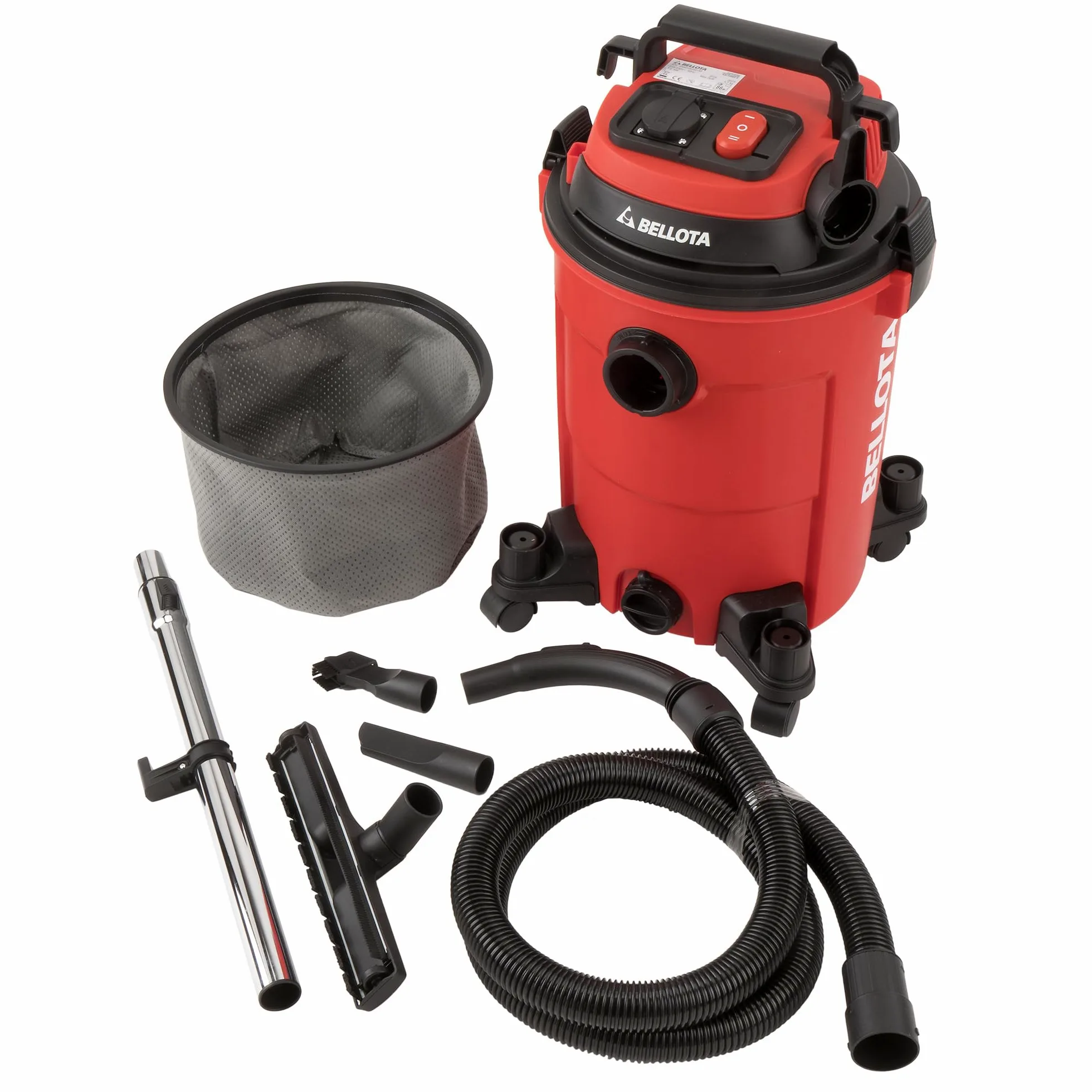 Bellota ASL2500SE - Aspirador con cable para aspirar restos líquidos y sólidos sincronizado, 25L, 2KW, Manguera (32mm Ø) de 2 metros, Tubo extensible metálico (440mm), enchufe sincronizado, con ruedas
