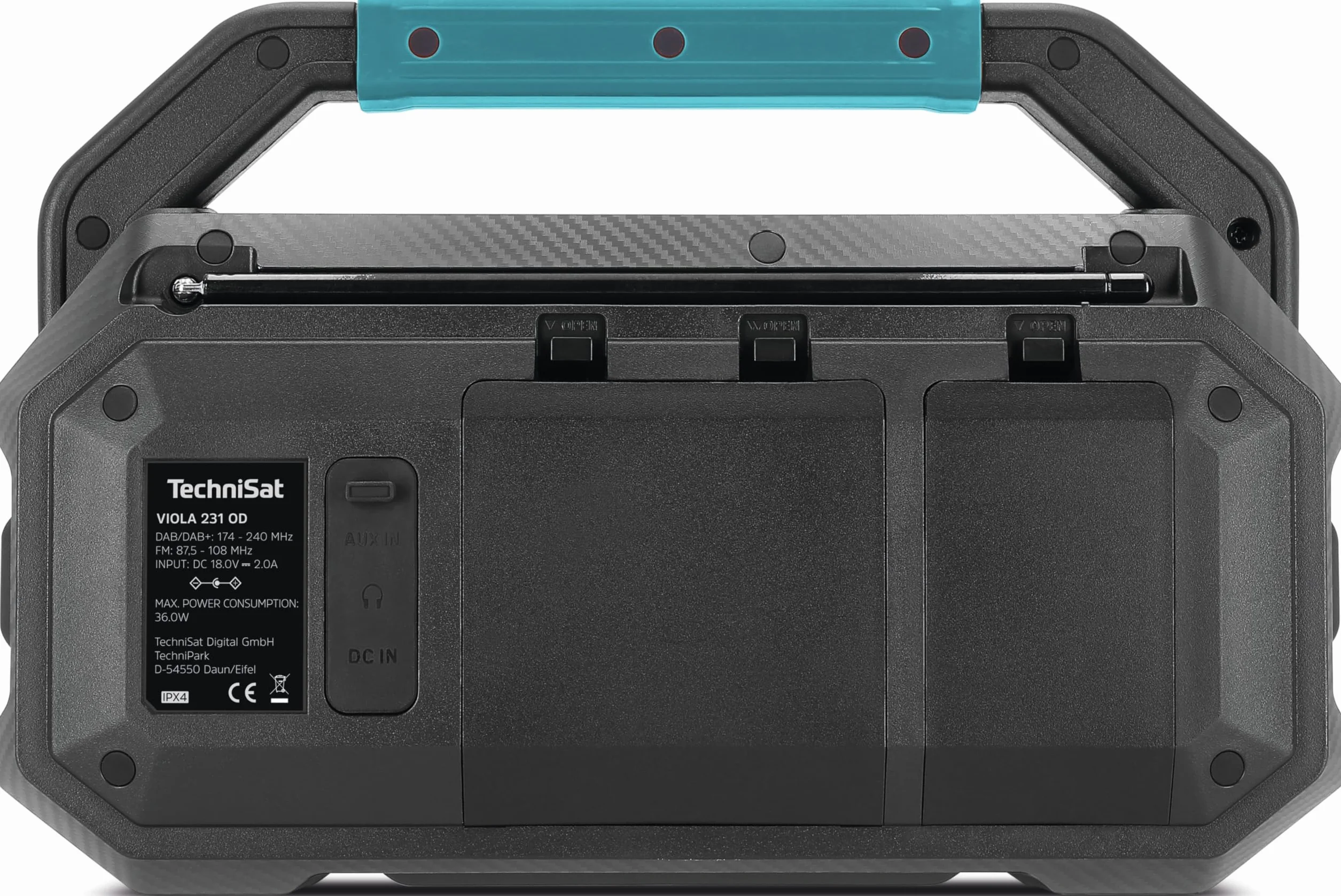 TechniSat Viola 231 OD – Radio Compatible con batería Makita (Dab+, FM, AUX in, Bluetooth, IPX4 a Prueba de Salpicaduras, 2 Altavoces estéreo de 15 W)