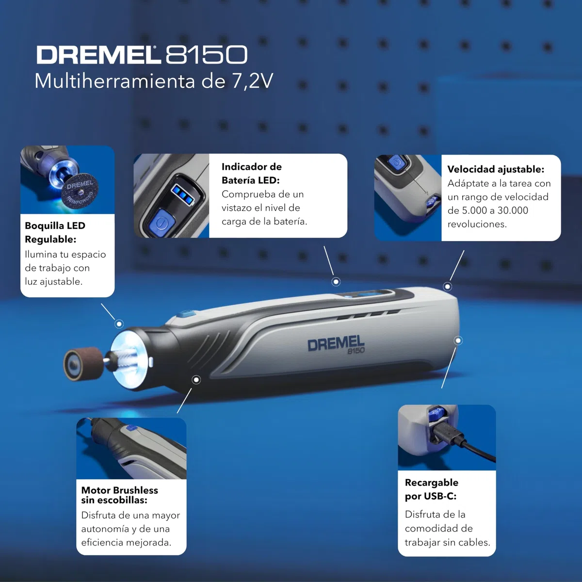 Dremel 8150 Multiherramienta a batería de 7,2 V 2Ah sin escobillas Herramienta Rotativa recargable por USB-C, 20 accesorios, Velocidad Variable 5.000-30.000 RPM, luz LED, corte, lijado, tallado