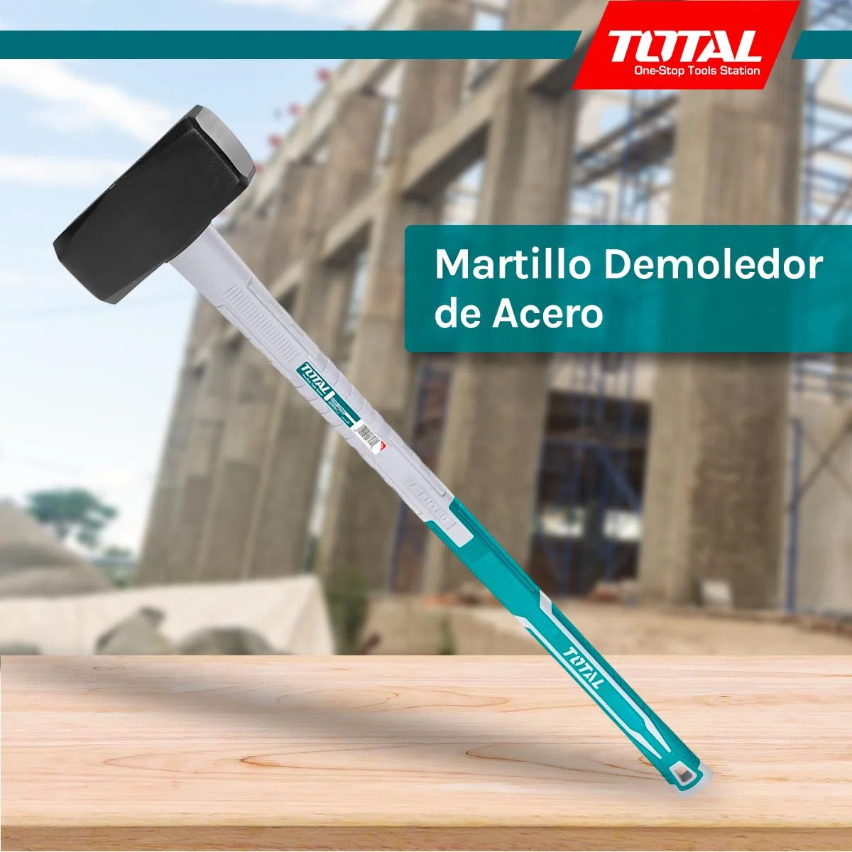 TOTAL - Maza Albañil | 5 kg y 900 mm de Largo | Adecuado Para la Construcción | Alta Resistencia al Impacto | Cabeza Cuadrada de Acero al Carbono Forjado | Mango de Fibra