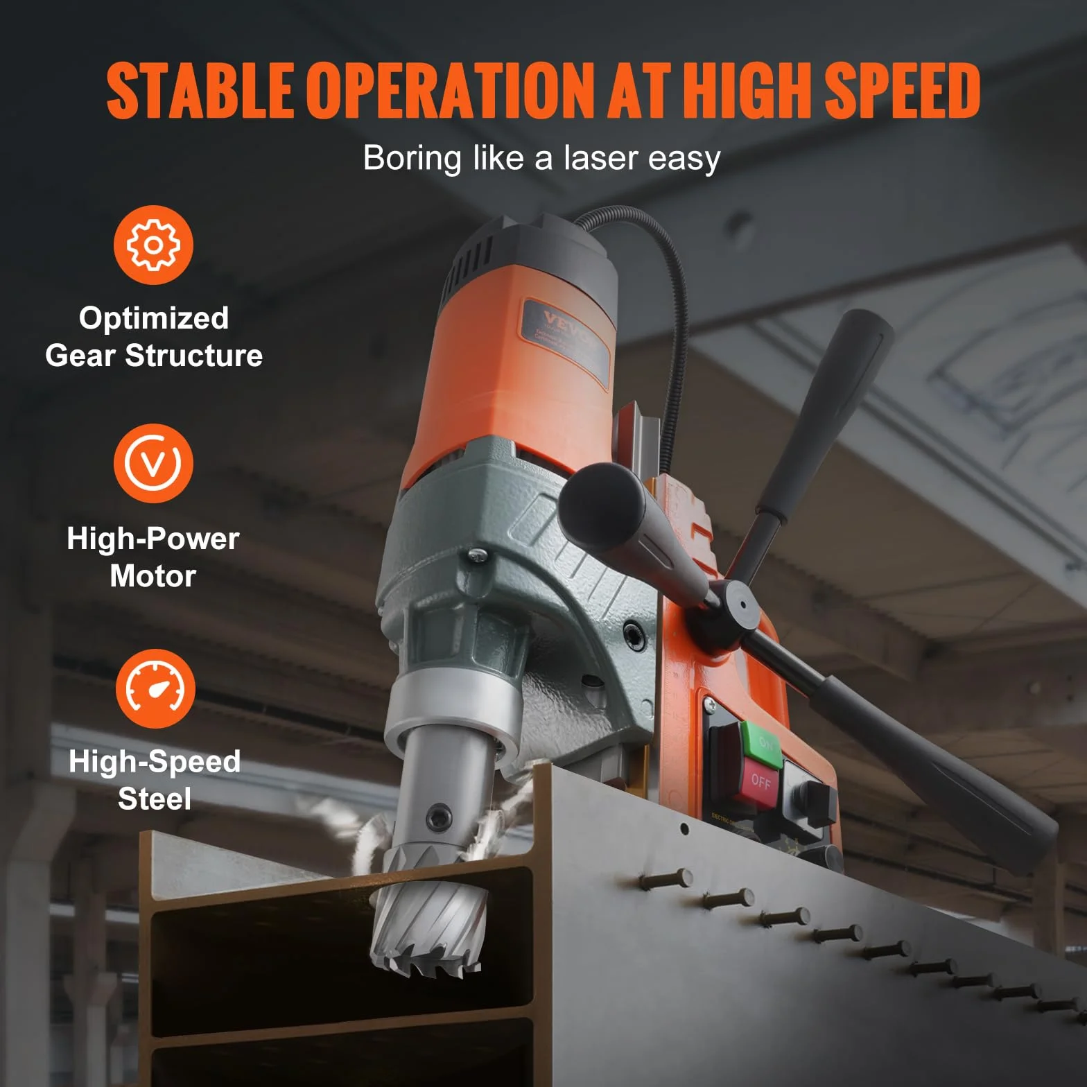 VEVOR Taladro Magnético, Taladro Prensa Portátil 1450 W, 12500 N, 800 rpm, Máx. Diámetro del orificio (broca central) 40 mm, máx. Profundidad de perforación 50 mm, para obras de construcción