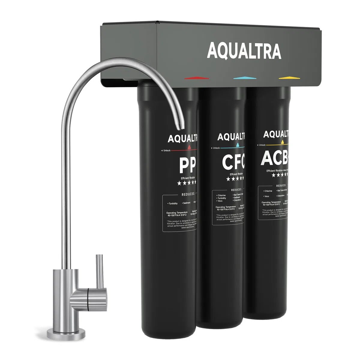AQUALTRA USF-3B-15 Sistema bajo fregadero ligeramente alcalino con grifo, 30000–151000L, reduce PFOA, PFOS, cloro, plomo, mercurio, cloramina, fluoruro, microplásticos, mal sabor y olor