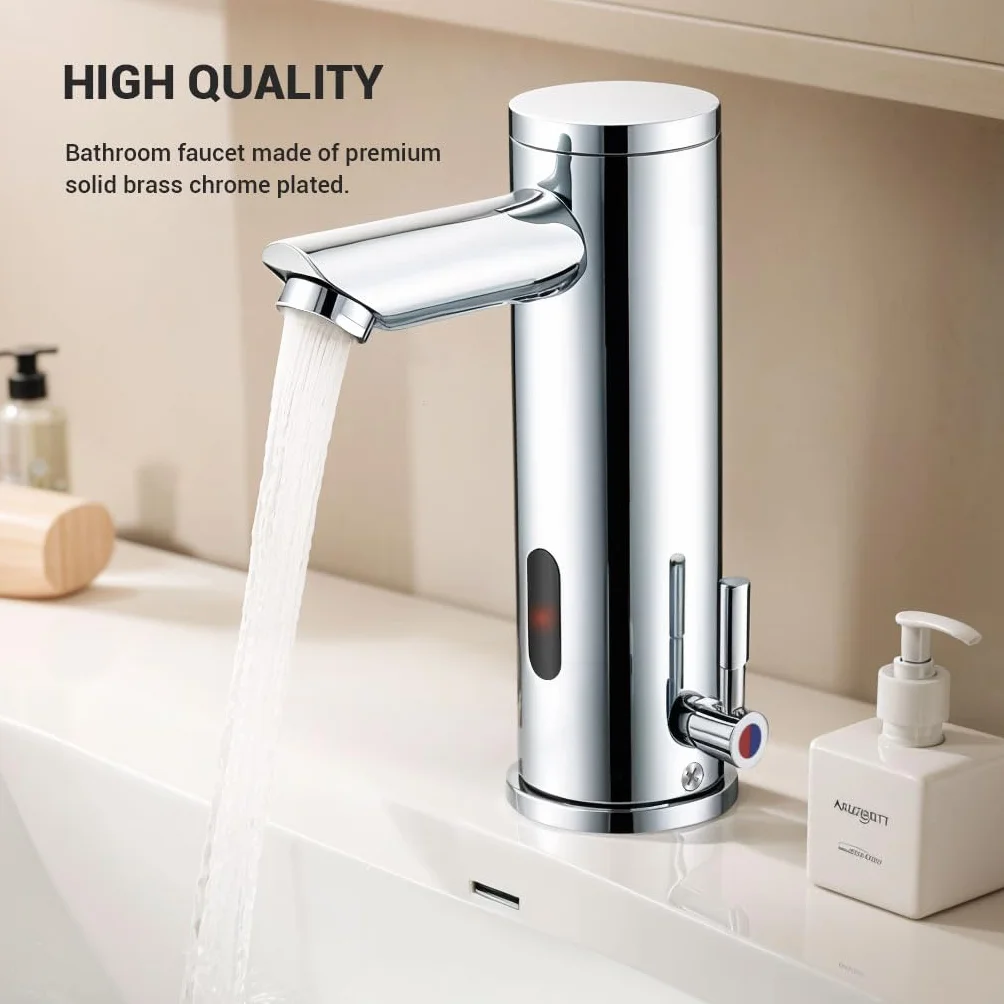 Grifo automático para lavabo de baño sin contacto, sensor activado por movimiento, grifo de latón sin contacto con mango de control de temperatura ajustable para tocador del hogar, comercial y uso de