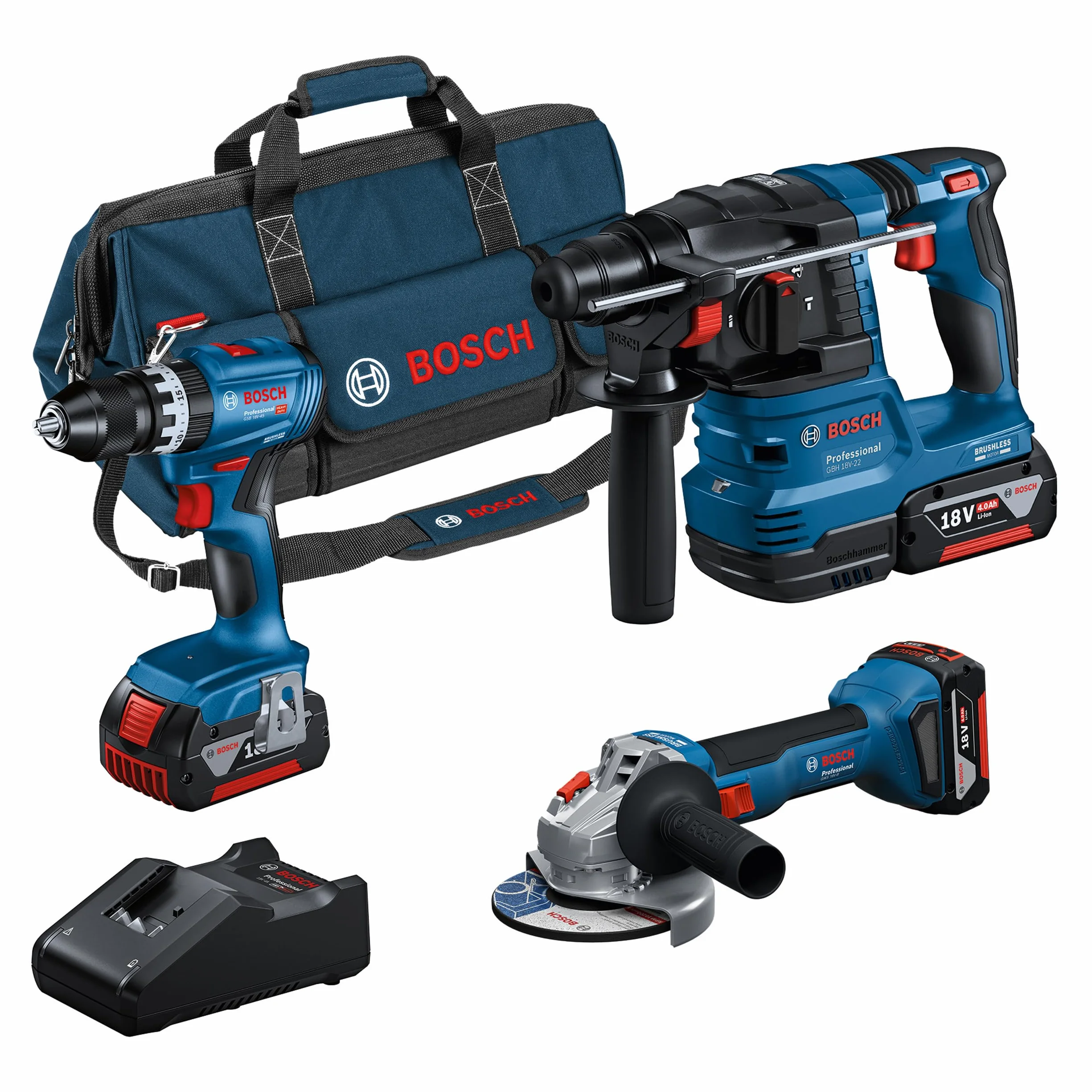 Bosch Professional 18V System Combo-Kit: GSB 18V-45 + GBH 18V-22 + GWS 18V-8 (incl. 3 GBA 4,0 Ah, GAL 18V-40, Maletín - Amazon Exclusive)