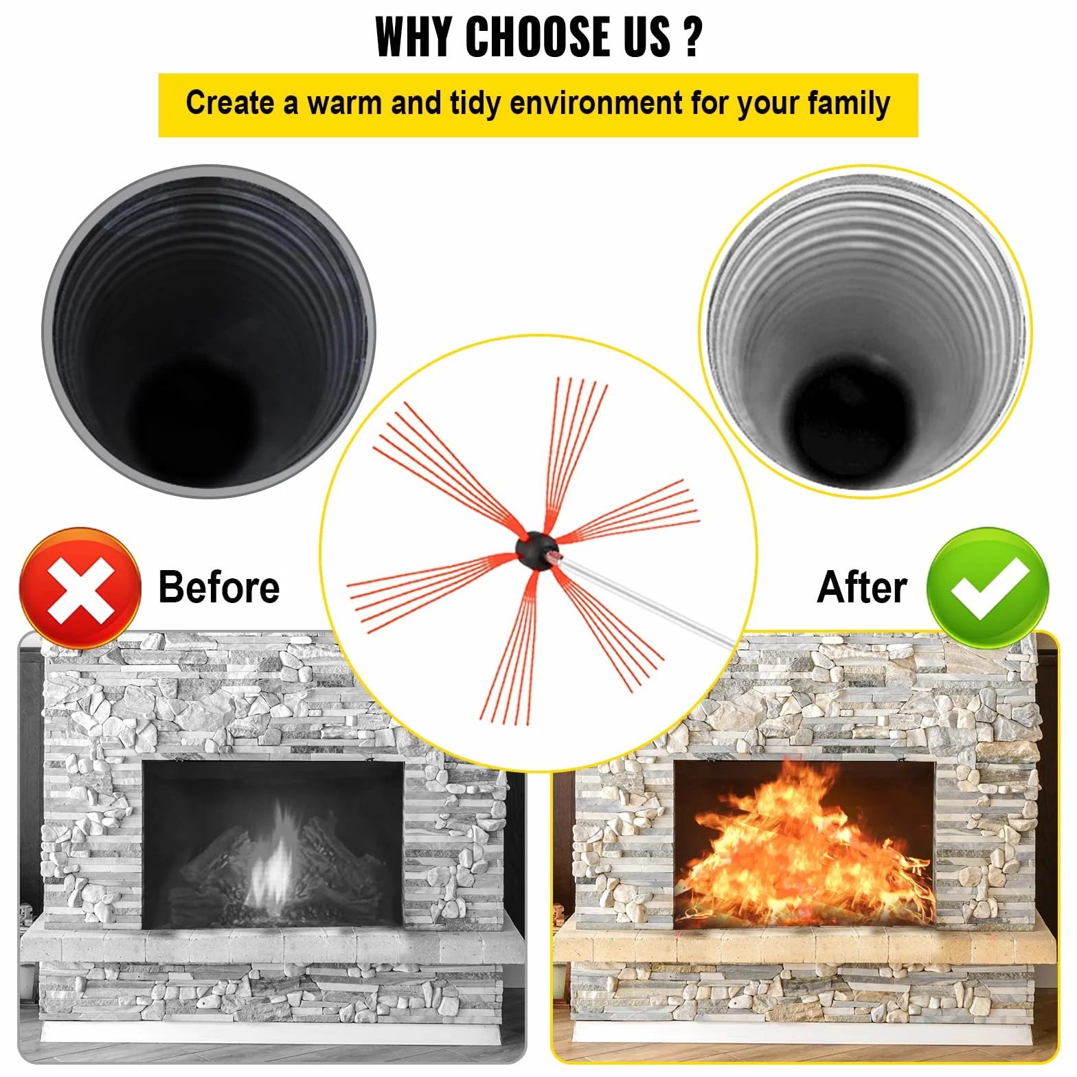 VEVOR Kit Deshollinador Flexibles 8 m Con 8 Varillas - Cepillo Nylon Para Chimeneas de Leña - Limpia Chimeneas 6M 8M 10M 12M