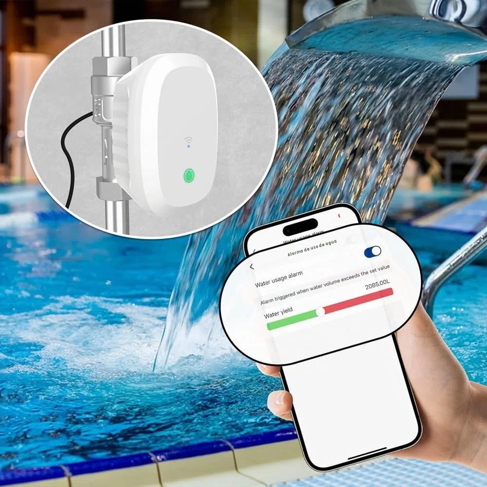 Tuya Smart WiFi - Válvula de agua con contador de agua, caudal de agua, indicador de temperatura del agua, controlador de aplicación inteligente, enchufe europeo