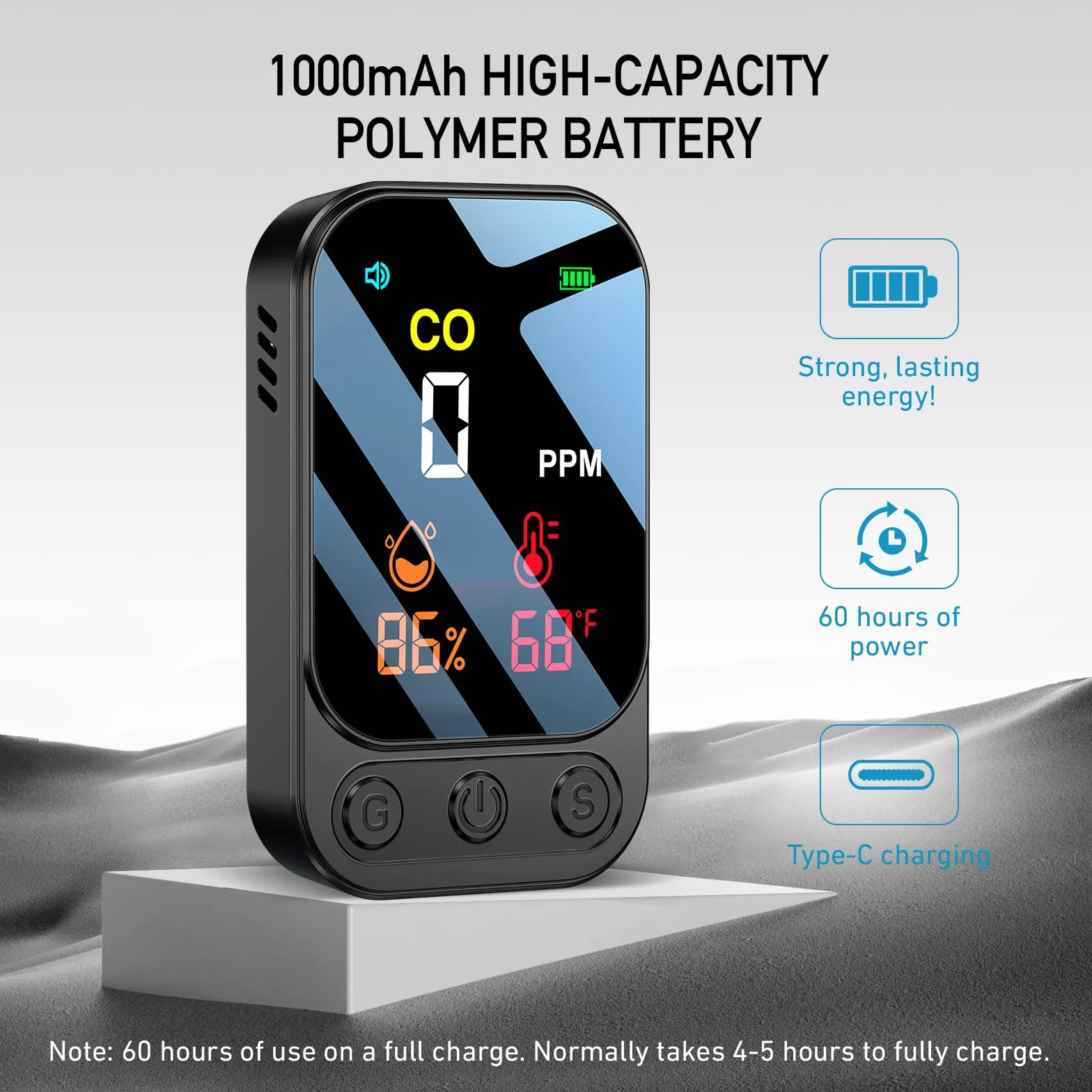 YOJOCK Detector de Monóxido de Carbono 3-en-1 Portátil para Casa y Viajes, 120 Horas de Standby, Detector CO Recargable, Alarma Acústica y Visual para Autocaravanas, Camping y Hoteles (Negro)