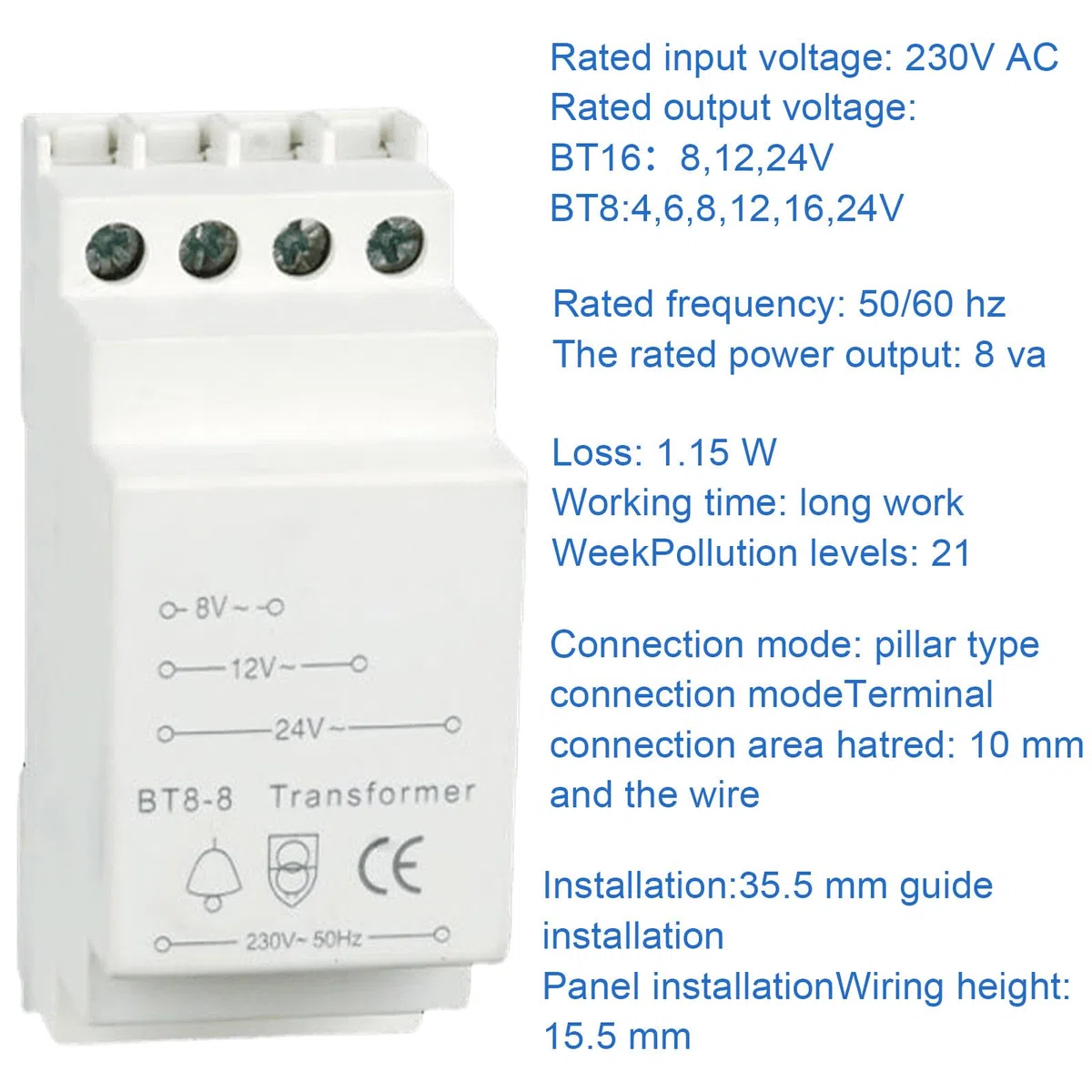 BAIFULAI Transformador de Timbre 8V-12V-24V - Se Adapta a Carriles Estándar de 35 mm - Para Timbre de Puerta