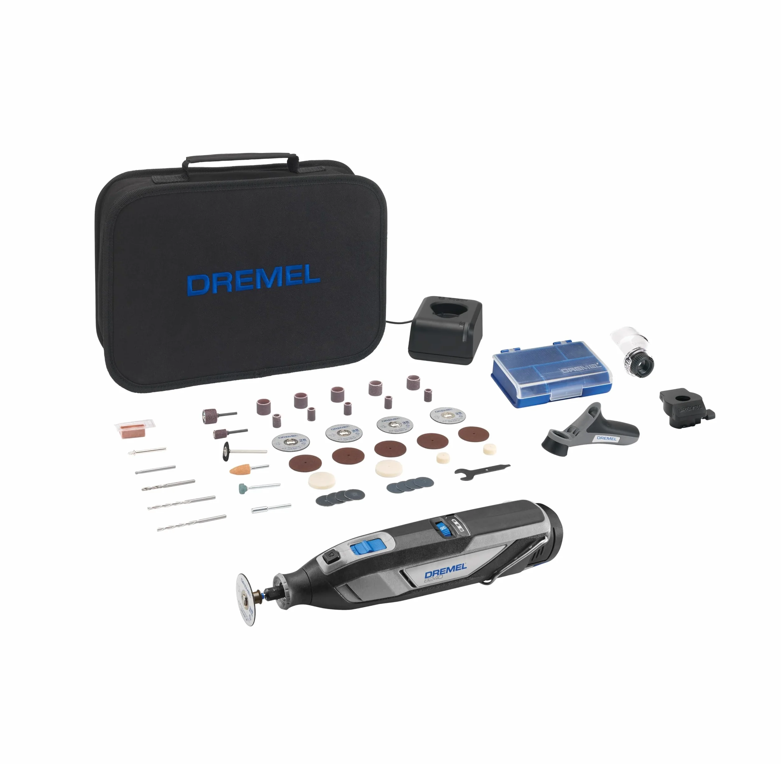 Dremel 8240 - Multiherramienta sin cable con batería de litio de 12 V 2Ah, kit de 3 complementos y 45 accesorios, Velocidad variable 5000-35 000 rpm y carga rápida