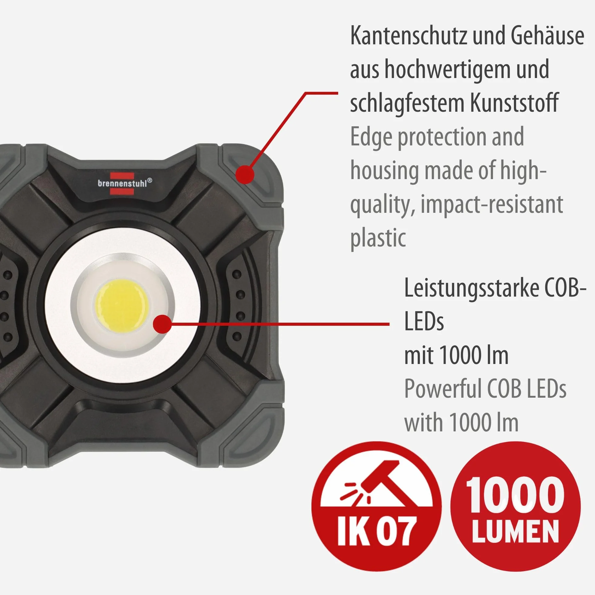 Brennenstuhl Foco LED de trabajo a batería recargable y portátil SH 1000 MAC (1000lm, IP54, Lámpara LED con imán y anilla, carcasa robusta)
