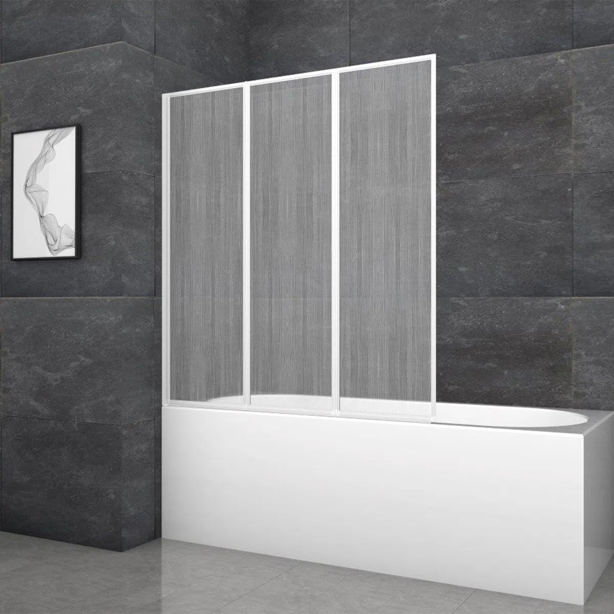 MARWELL Mampara plegable para bañera Moon 120 cm x 130 cm x 5 cm, tres elementos plegables de plástico con marco de aluminio blanco