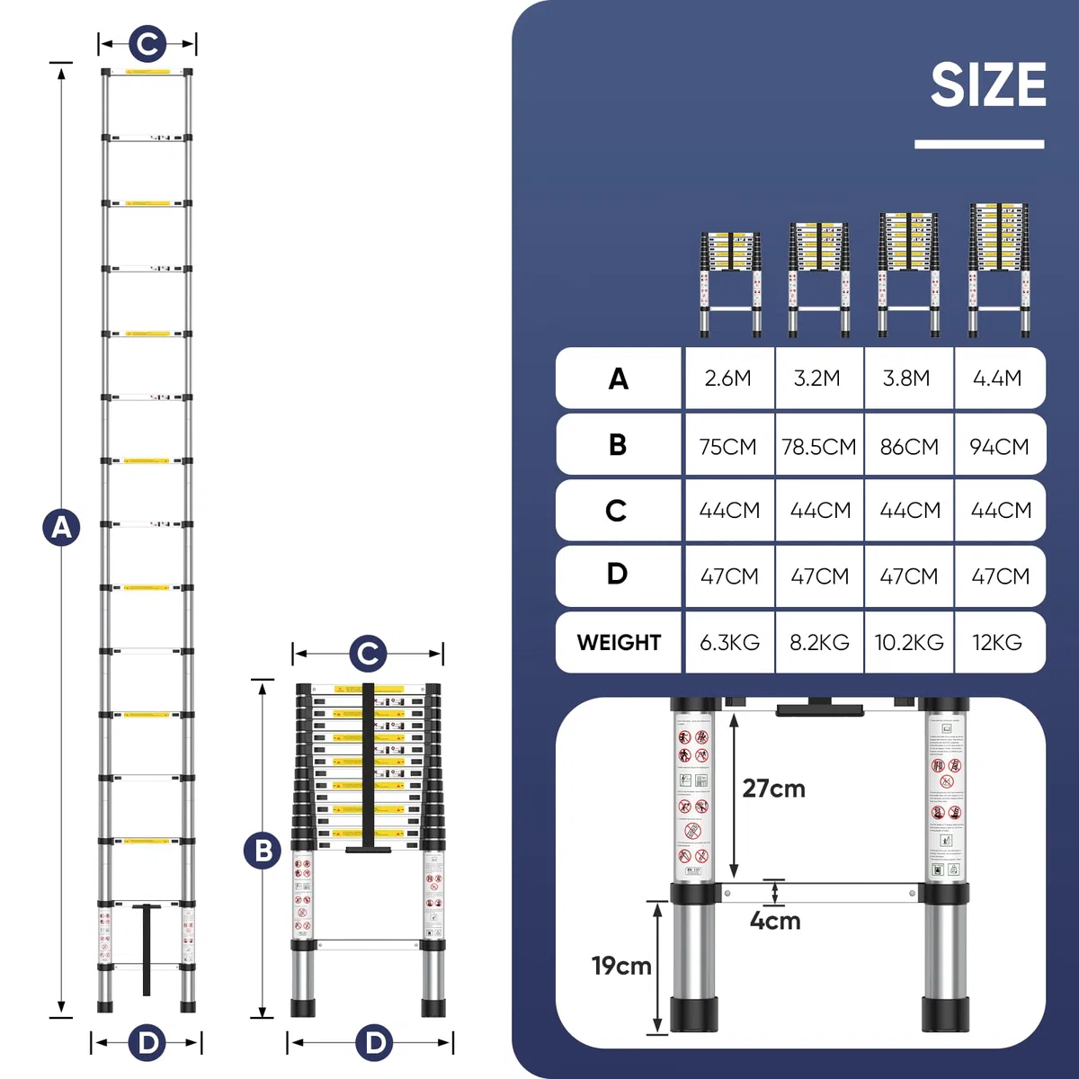 Escaleras Plegables Aluminio, 3,8m Escalera Telescópica, Escalera Plegables Telescópica de Aluminio Multiusos Portátil Extensible, Resistente y Antideslizante, Capacidad de Carga de 150 kg
