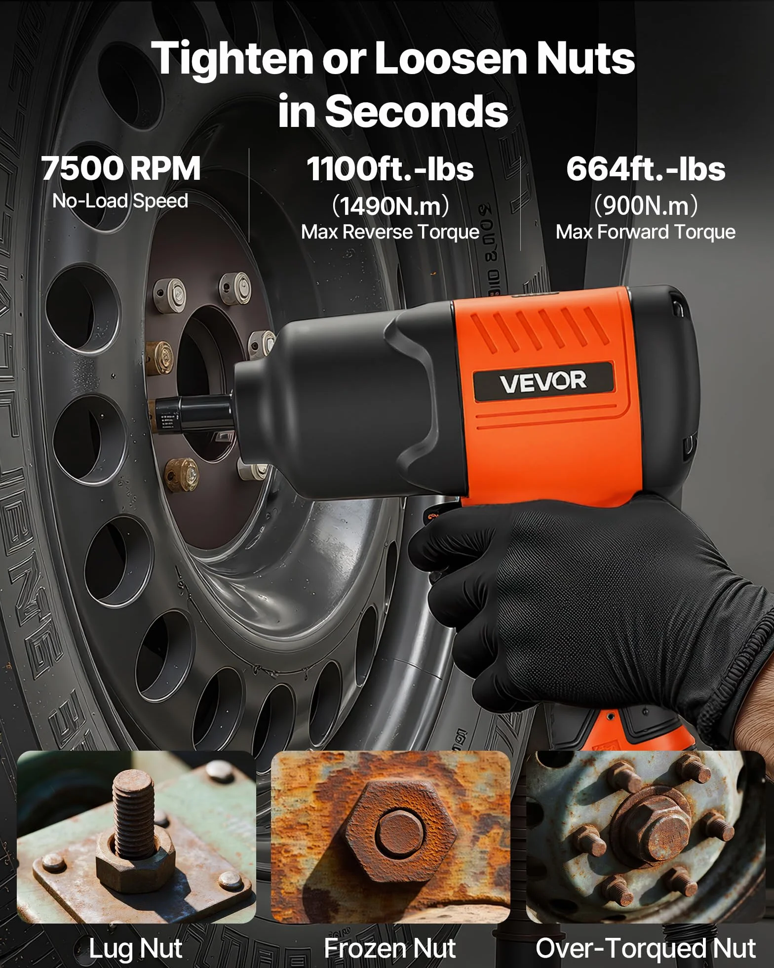 VEVOR Llave de Impacto Neumática, Par Máximo Inverso 1490 Nm, Ajuste de 4 Velocidades, 7500 RPM, para Talleres y Garajes, para Reparación Ligera y Mantenimiento de Vehículos, 200 x 150 x 70 mm