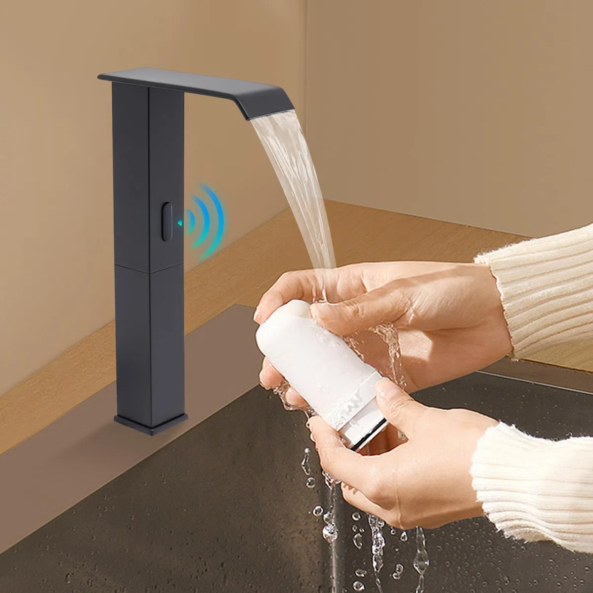 Grifo sensor automático negro, mezclador infrarrojo, caño alto cascada 27cm, latón resistente ahorro agua, válvula cerámica instalación fácil, para cocina cuarto de baño restaurante hotel