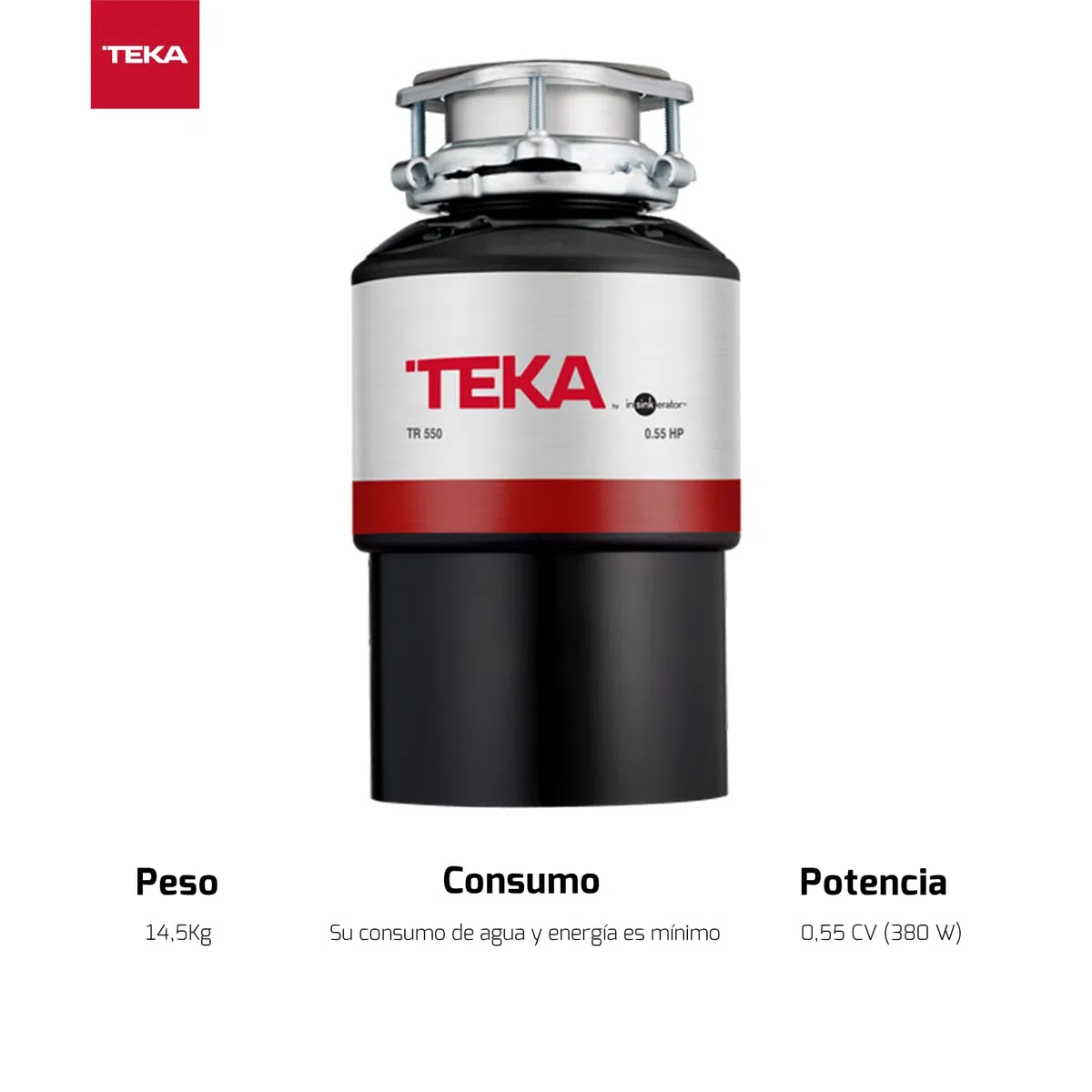 TEKA Triturador de Fregadero, de Acero Inoxidable, Triturador de Basura y Alimentos con Protección Anti Corrosión, Potencia 0,55 CV (380 W), Medidas 17,3 x 31,8 cm, Modelo TR 550