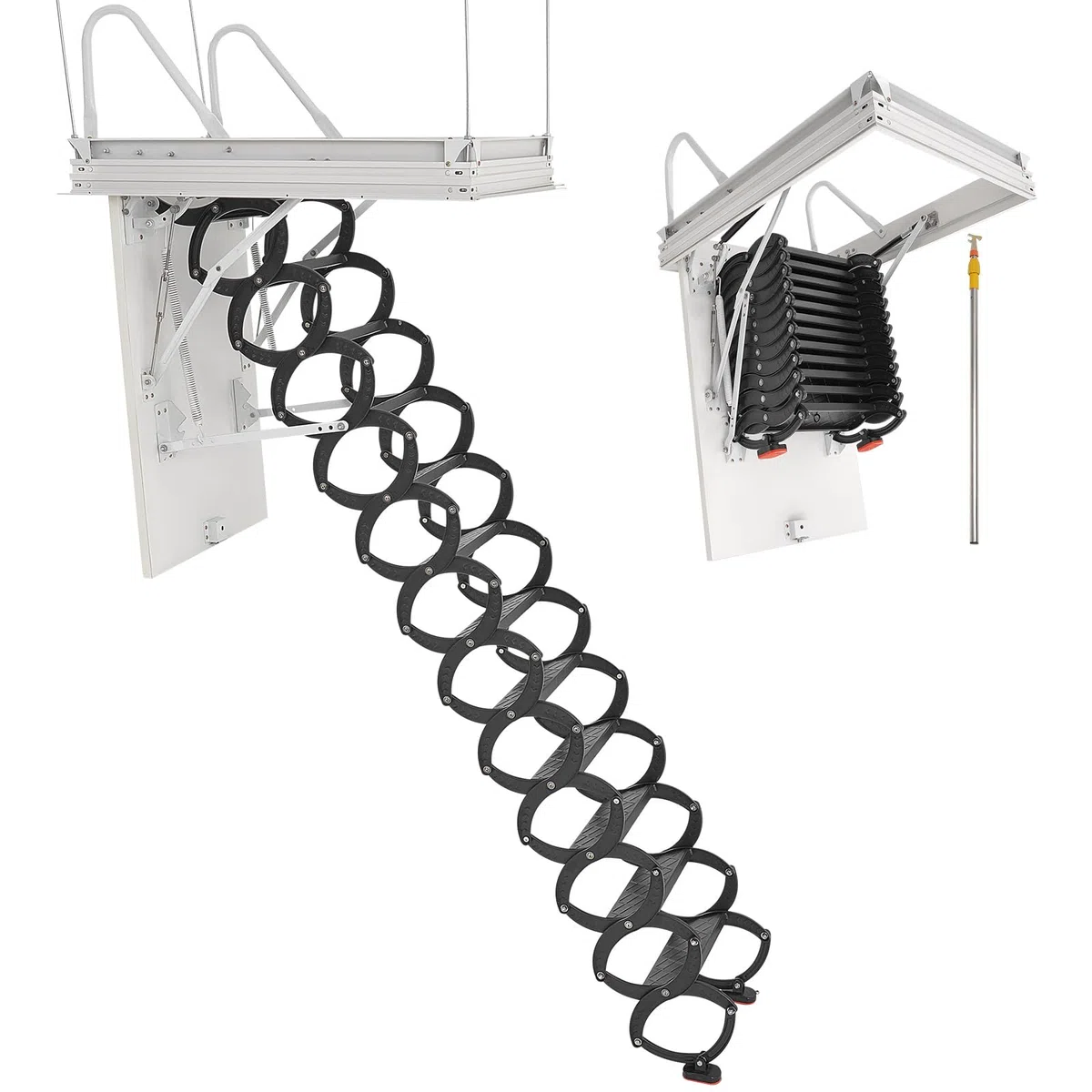 VEVOR Escalera de Ático, Carga 299,4 kg, Apta para Techos 2,9 a 3 m de Altura y Abertura 100 x 70 cm, Acero de Aleación, Retráctil y Abatible con Barra de Tracción para Techos de Áticos y Lofts