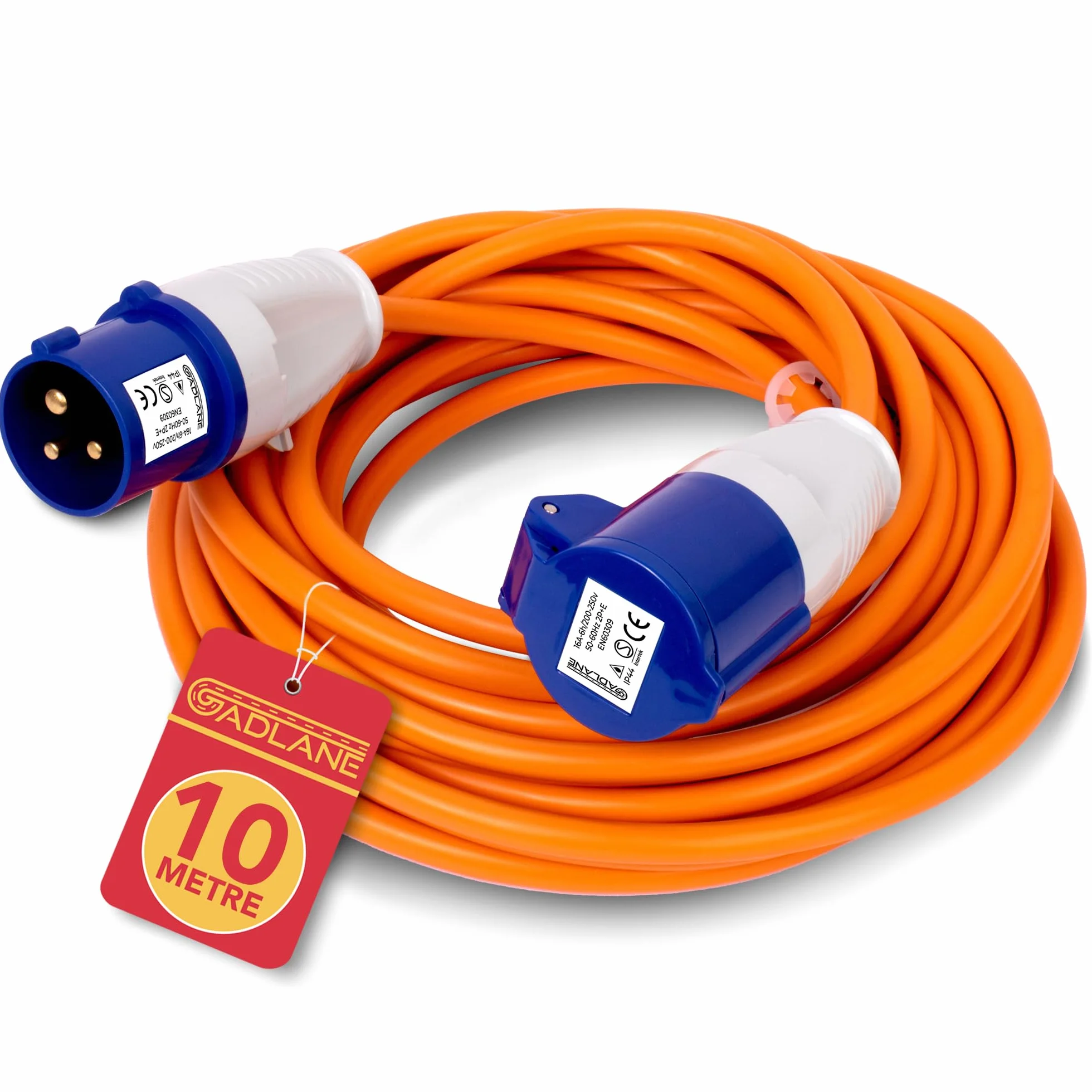 GADLANE Cable Caravana CEE 10m - Cable Autocaravana 16A, Alargador Eléctrico Robusto CEE 240V, Naranja Alta Visibilidad - Ideal para Autocaravana (10 Metros)