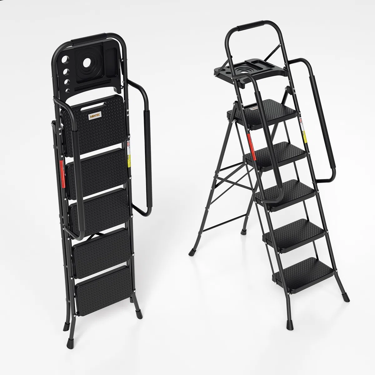 Escalera de 5 peldaños con pasamanos y bandeja para herramientas, escalera plegable para el hogar, antideslizante, hasta 150 kg, color negro, 52 x 108 x 167 cm