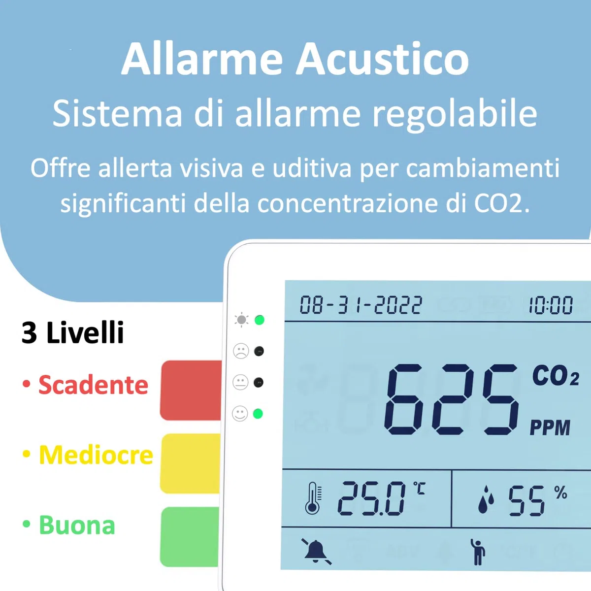 Detector 3 en 1 – Medidor CO2 Temperatura Humedad RH | Batería 10h | SA1300P | Sensor NDIR | Registrador de datos con alarma | para casa y ambientes interiores | Registrador de datos | Dióxido de