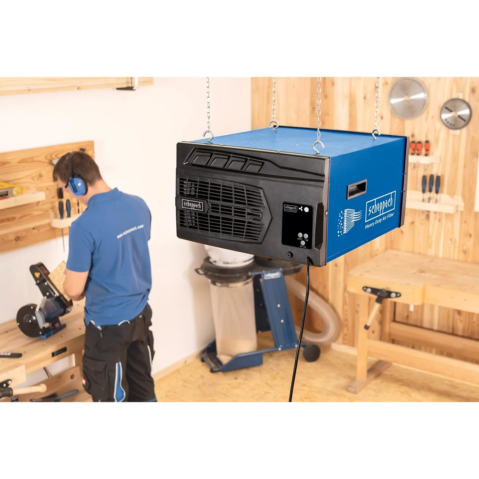 Scheppach Purificador de aire HDA-14 | 740 m³/h de capacidad | 3 niveles de filtración hasta 1 μm | Control remoto & Suspensión de pared | Para taller de hasta 400m²