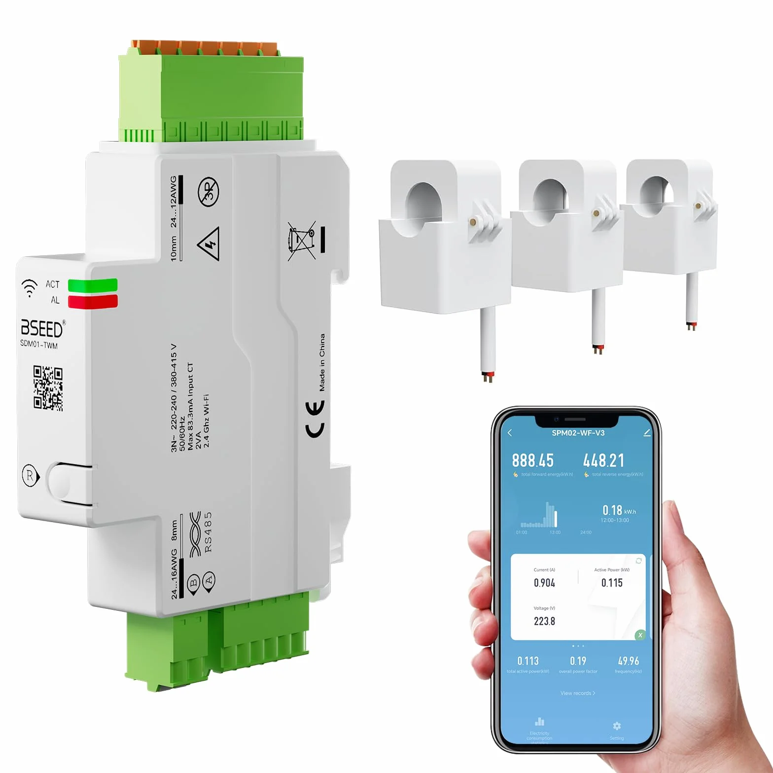 BSEED Medidor de electricidad inteligente trifásico, 120 A, con wifi para carril DIN, medición de consumo, Modbus RS485 RTU, control remoto por app, almacenamiento de datos y monitorización solar