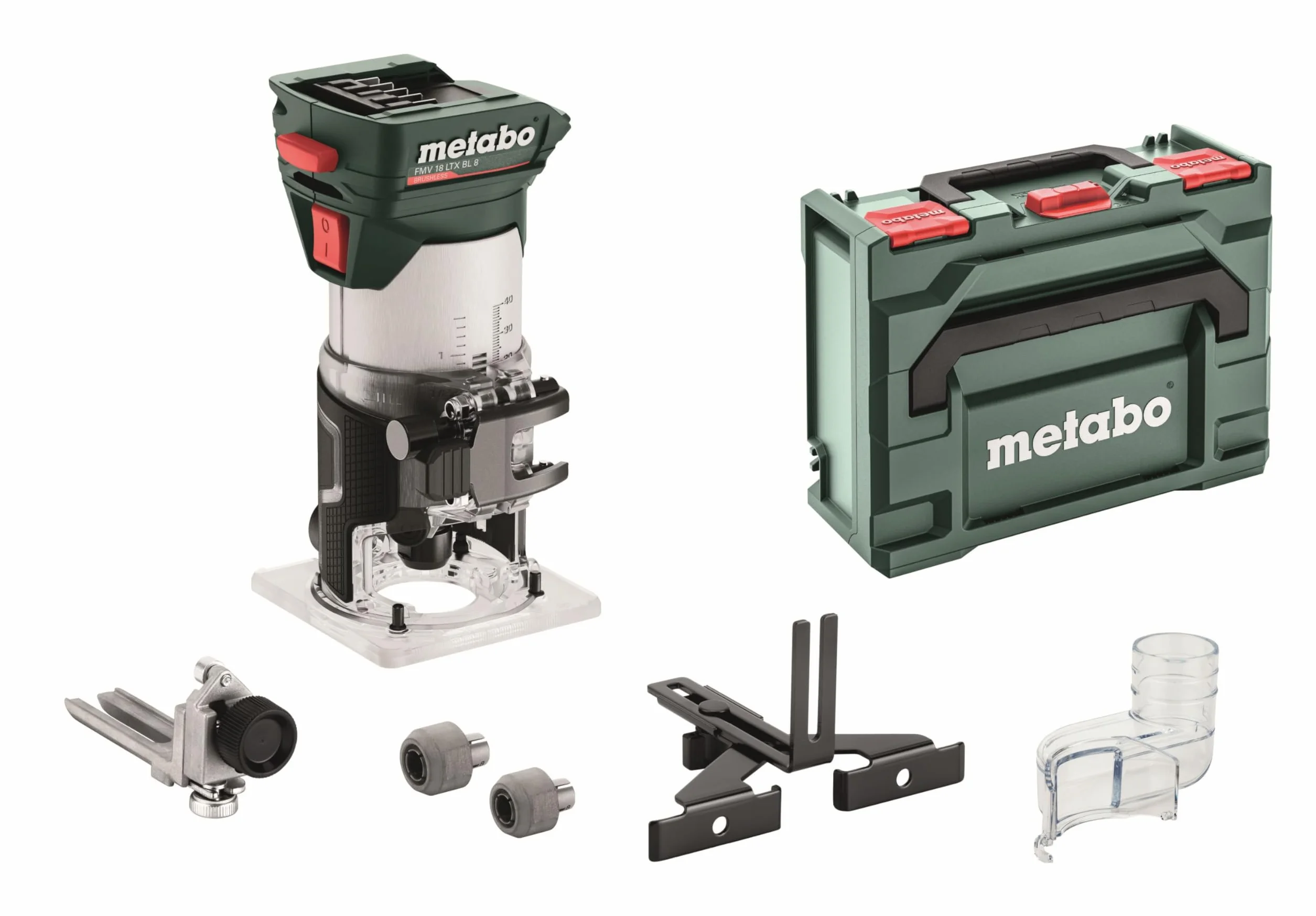 metabo Fresadora de bordes con batería FMV 18 LTX BL 8-18V, motor sin escobillas, 4800-29000 rpm, pinza de sujeción de 6/8 mm, metaBOX 145 L, ajuste preciso de profundidad, ergonómico, para madera y