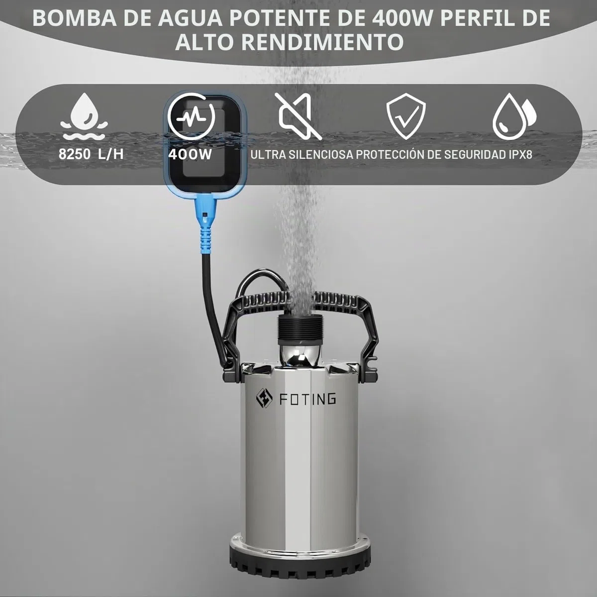 FOTING Bomba de agua Sumergible 400W, capacidad de 8.250 l/h, Altura máxima de suministro 7 m, inmersión máx. 7 m, interruptor de flotador, nivel mín. 7 mm, para jardín y depósitos