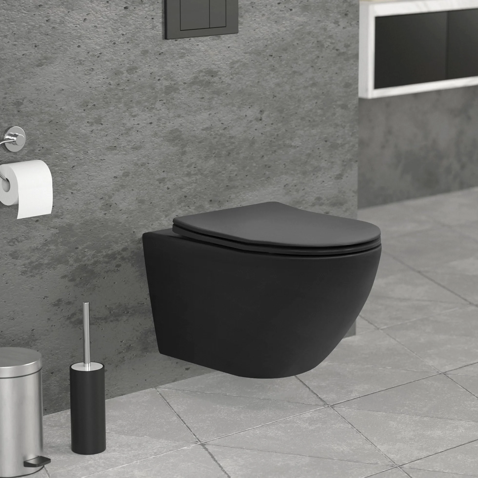LuxeBath WC Suspendido Negro Mate de Cerámica sin Borde, Inodoro Colgante 54cm Largo con Descarga Profunda de Tornado para Baño, Wáter con Asiento Extraíble y Tapa Softclose