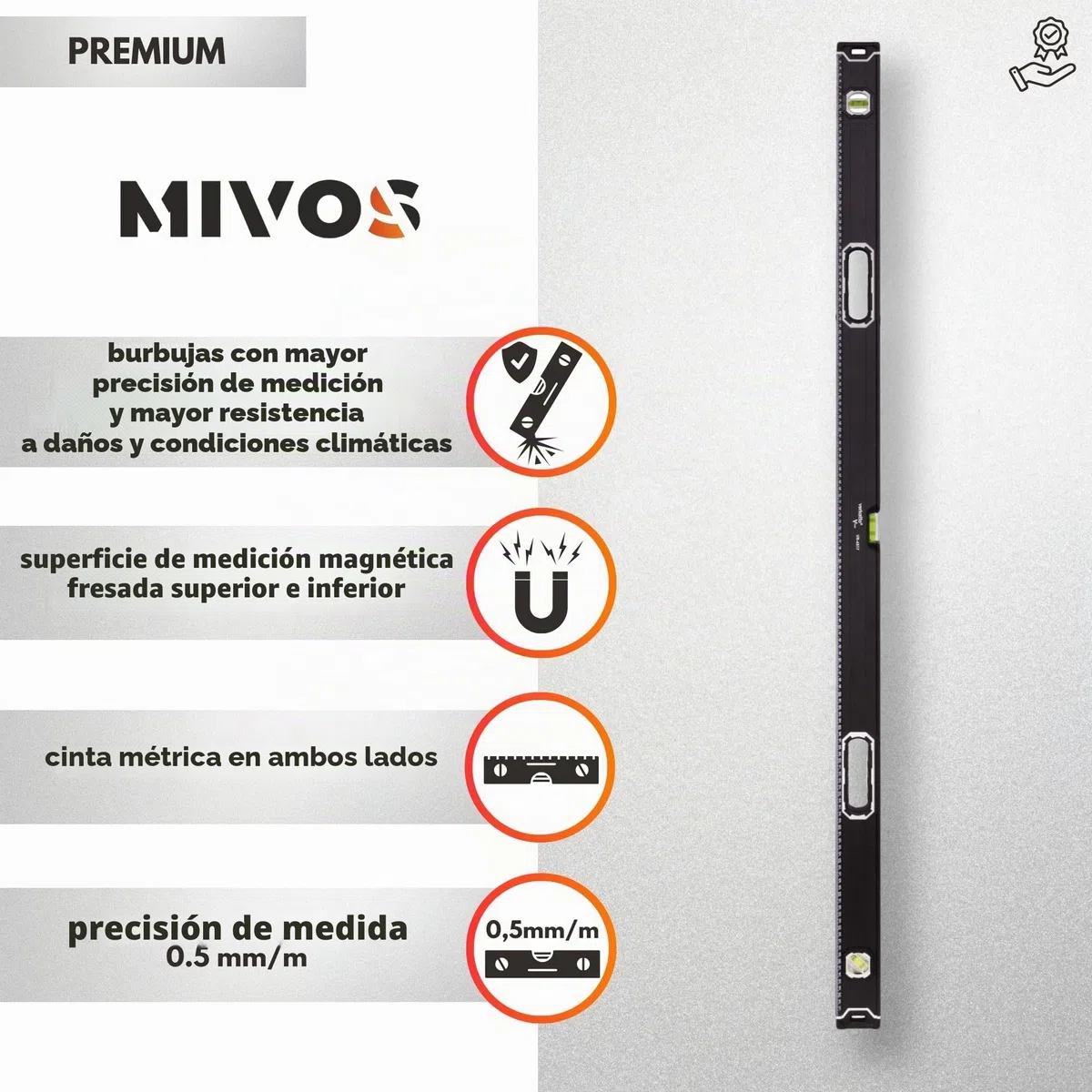 MIVOS - Nivel de burbuja de aluminio de 150 cm con sistema magnético y carcasa de aluminio - Nivel de burbuja con 3 niveles de burbuja - Alta precisión - Nivel magnético, 1500 mm, VR-4517, Negro