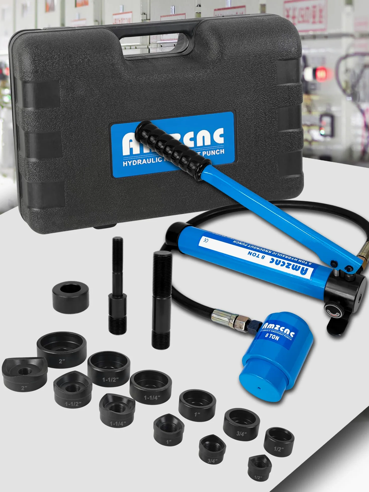 AMZCNC 8T hidráulico Knockout Punch eléctrico de canal de cables Kit de herramientas KO Kit con 6 juegos de formas de apertura (22 mm ~ 60,5 mm) para acero y metales, Punches Knockout