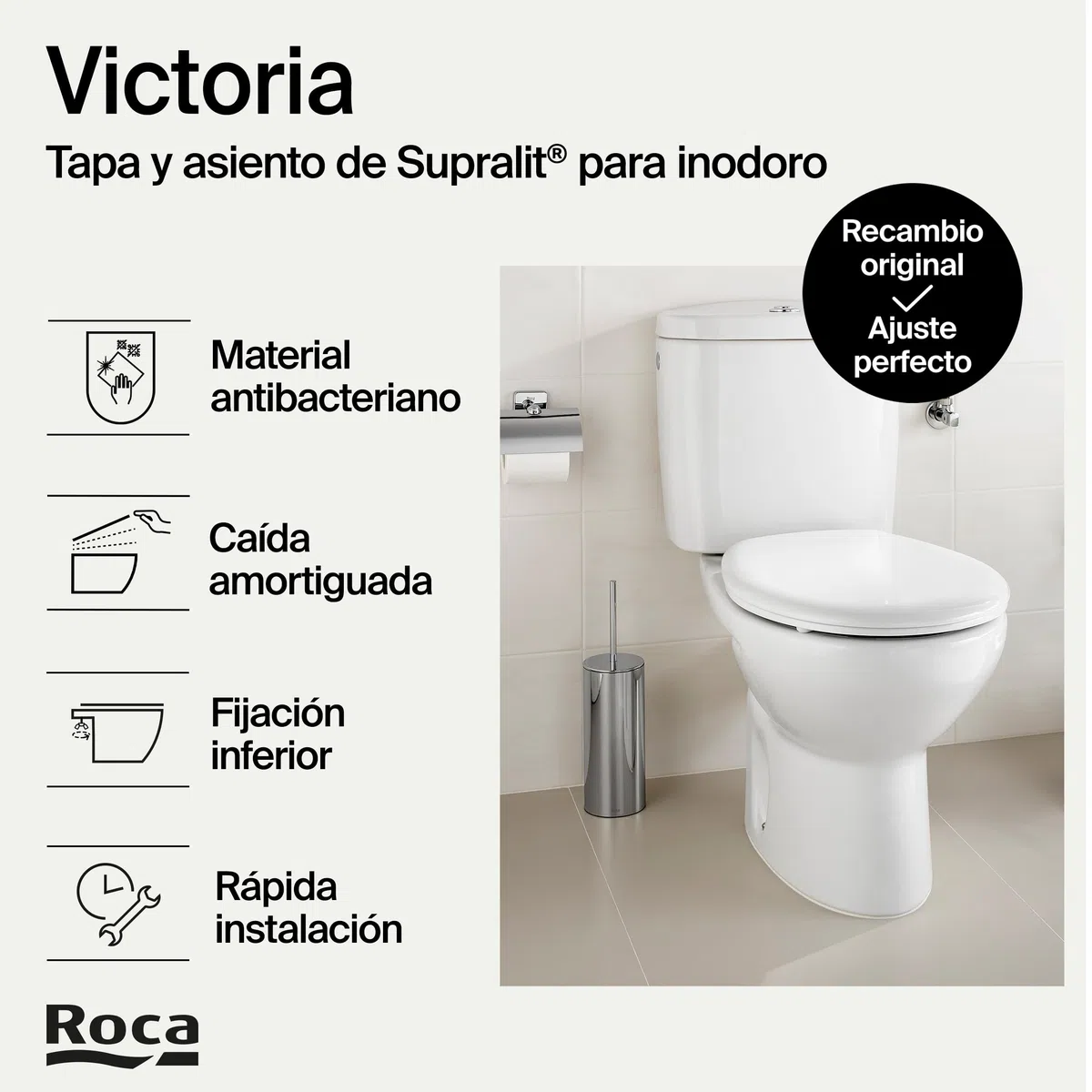 Roca Victoria - Tapa y asiento de Supralit para inodoro con caída amortiguada, tapadera de WC original con ajuste perfecto, recambio de tapa de váter resistente, blanco, A801B6200B