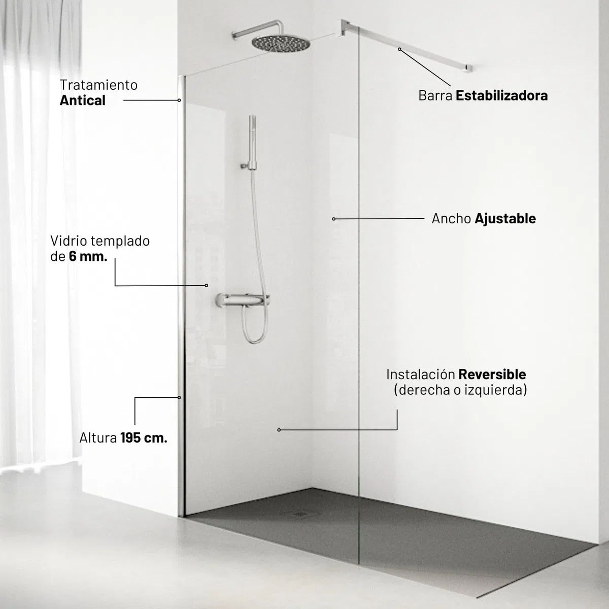 Mampara de Ducha Fija modelo SERIE 100 de 100x195 cm - Vidrio Templado, Antical, Transparente y Reversible de 1 Hoja de 6 mm - Con Barra Estabilizadora y Perfil color Plata Alto Brillo - REALSHOWER