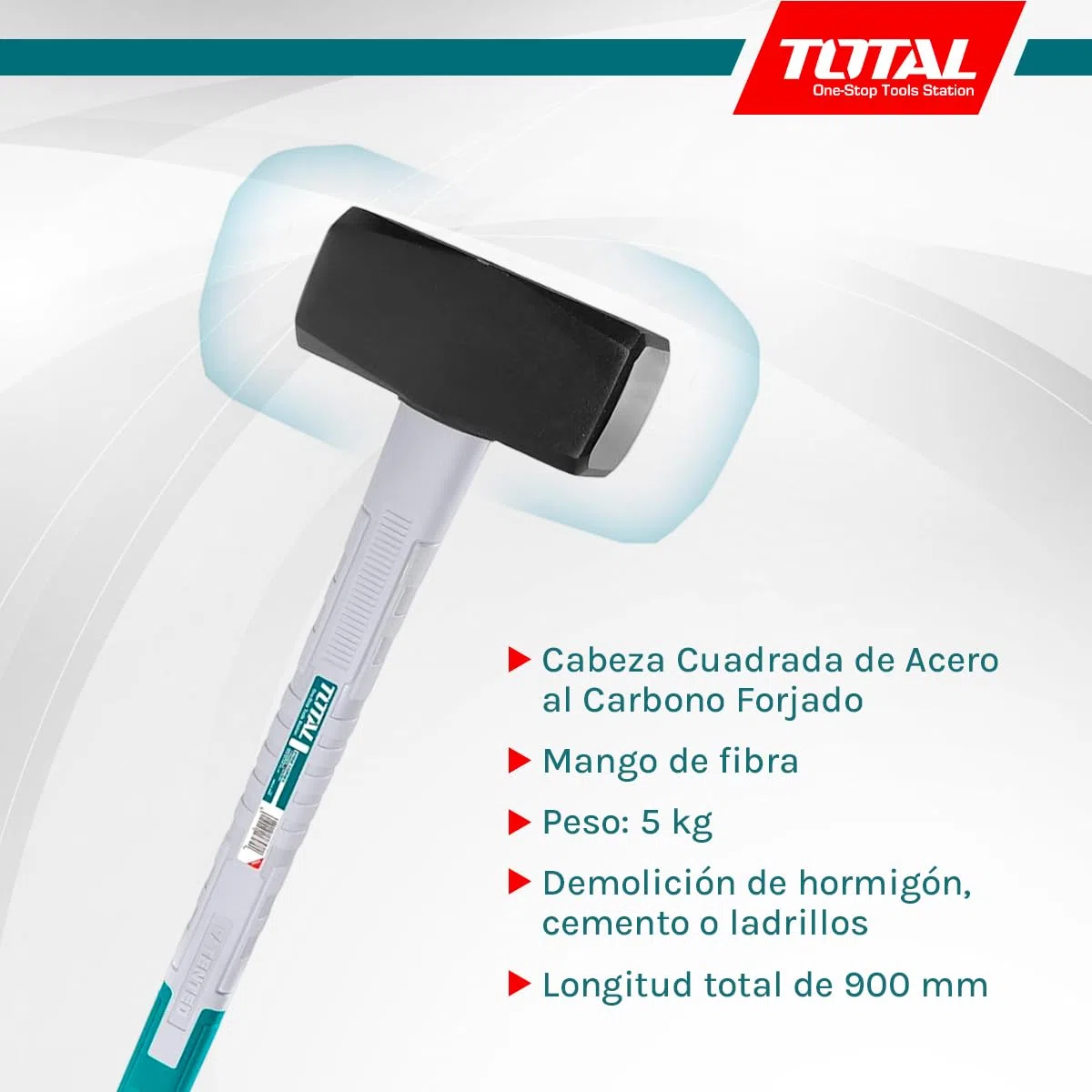 TOTAL - Maza Albañil | 5 kg y 900 mm de Largo | Adecuado Para la Construcción | Alta Resistencia al Impacto | Cabeza Cuadrada de Acero al Carbono Forjado | Mango de Fibra
