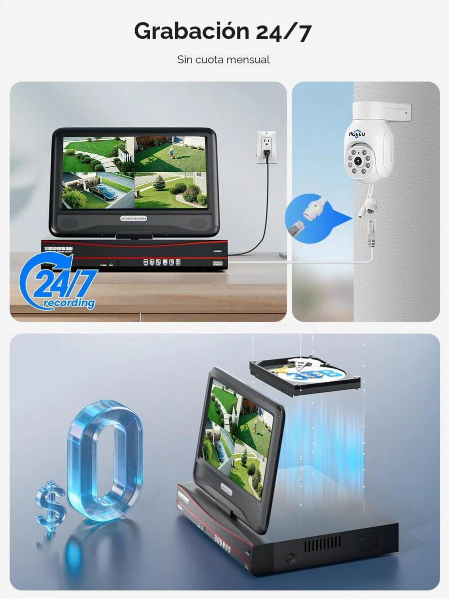 Hiseeu Kit Camaras Vigilancia PoE 5MP, Sistema Seguridad Exterior con Monitor 10'' y HDD 3TB, NVR 8CH PTZ, Vision Nocturna Color 30M, Registro 24/7