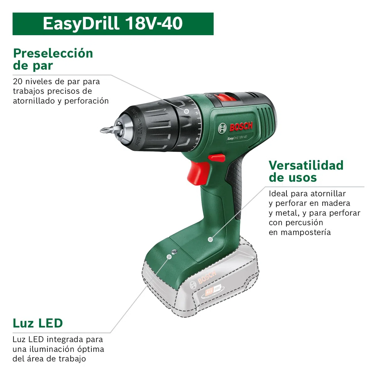 Bosch atornillador a batería EasyDrill 18V-40 (1 batería de 2,0 Ah, sistema de 18 V, en maletín de transporte)
