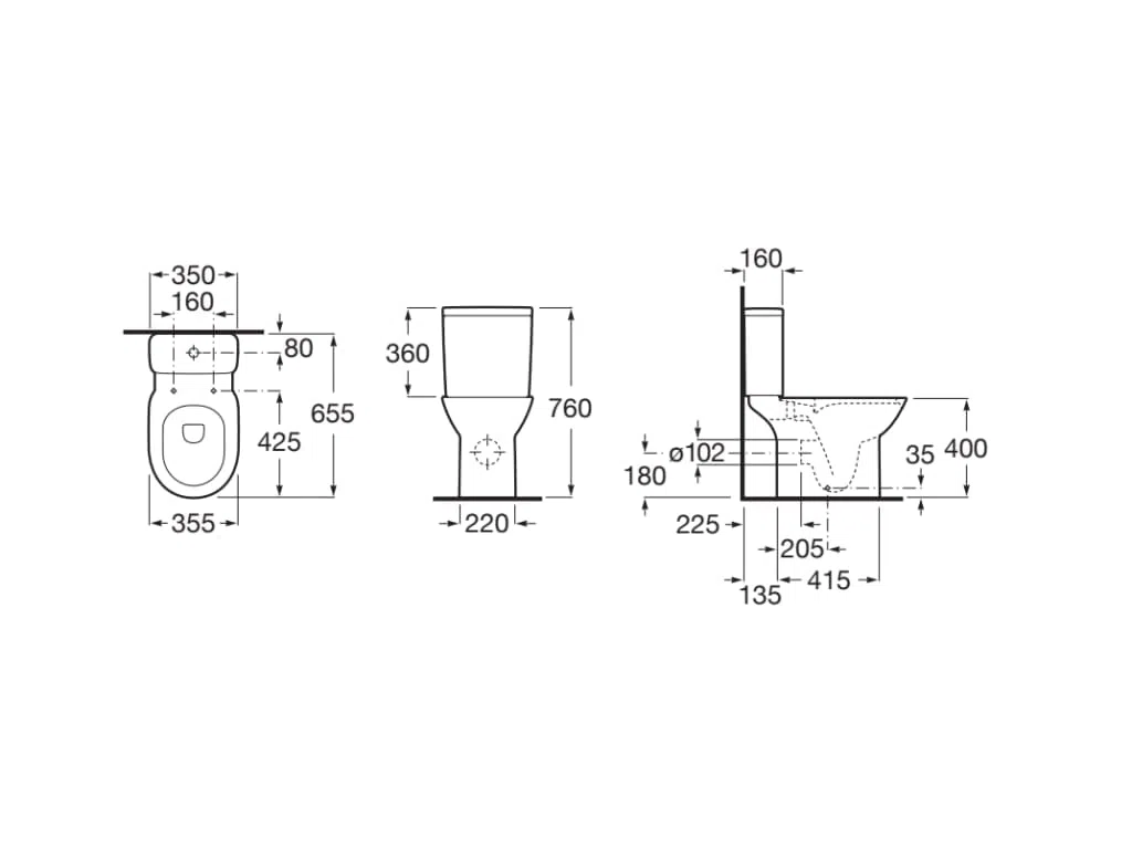 Roca,Debba,ROUND - Taza Rimless con salida dual para inodoro de tanque bajo,Blanco,350mm x 655mm x 760mm,A34299P000