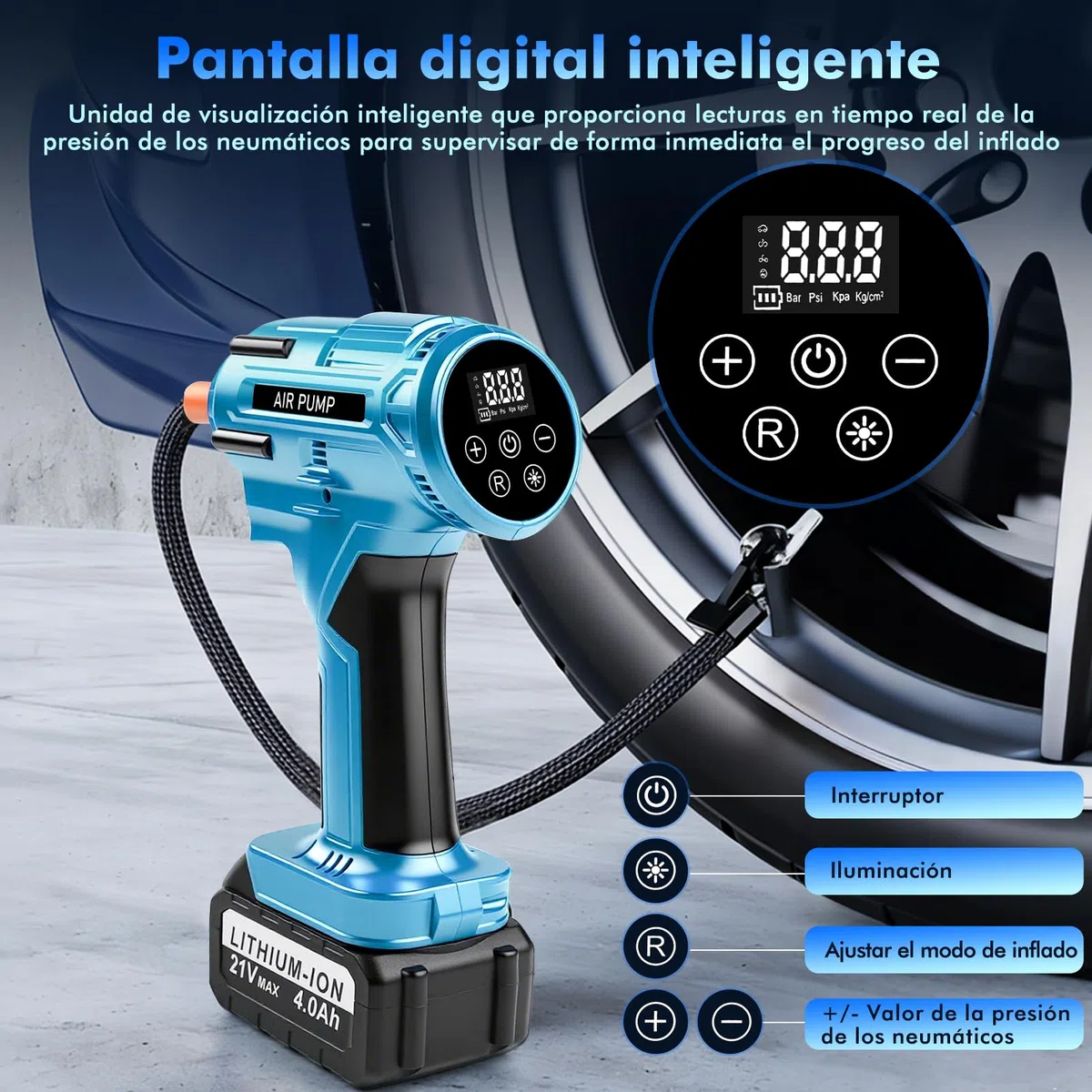 Compresor Aire Portatil Coche Bicicleta, 150PSI Inflador Ruedas Coche Bateria Recargable 4000mAh 21V, Inflador Neumáticos Electrico Bomba Inalámbrica Con LED Para Coche, Moto, Bicicleta, Pelota