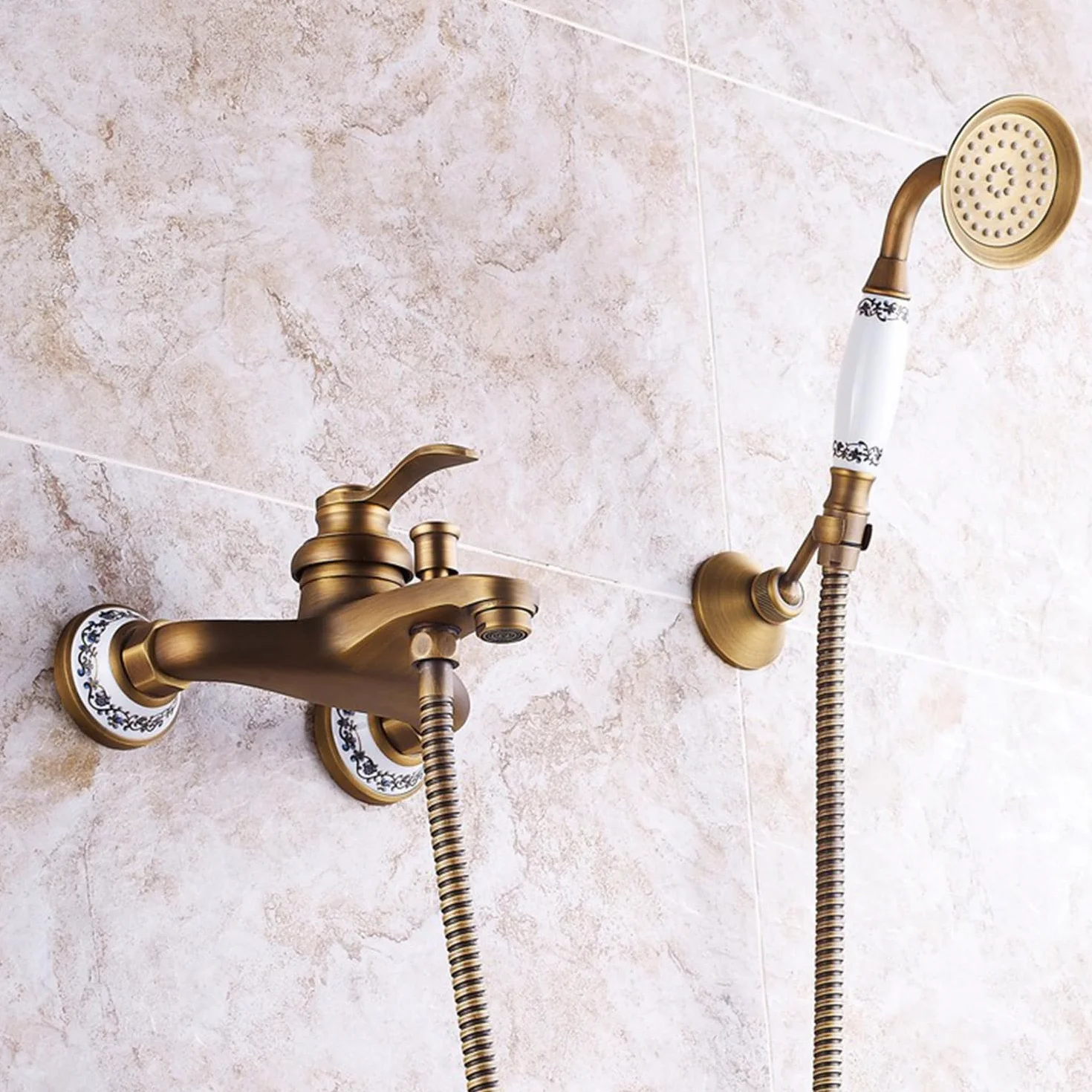 HomeLava Grifo de latón antiguo para bañera con ducha de mano, grifo de pared, diseño nostálgico