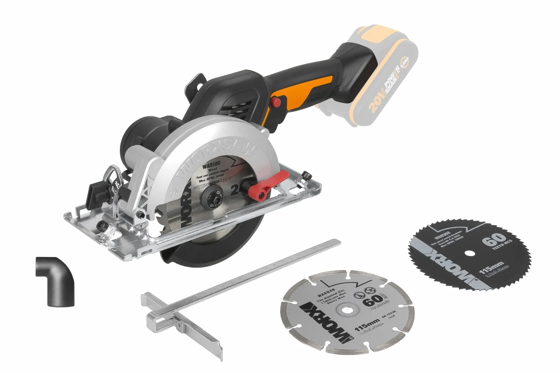 WORX WX531.9 Sierra circular brushless 20V, WORXsaw XL, disco 120mm, cuerpo delgado, ajuste rápido de profundidad, cortes precisos en madera, sin batería ni cargador, PowerShare