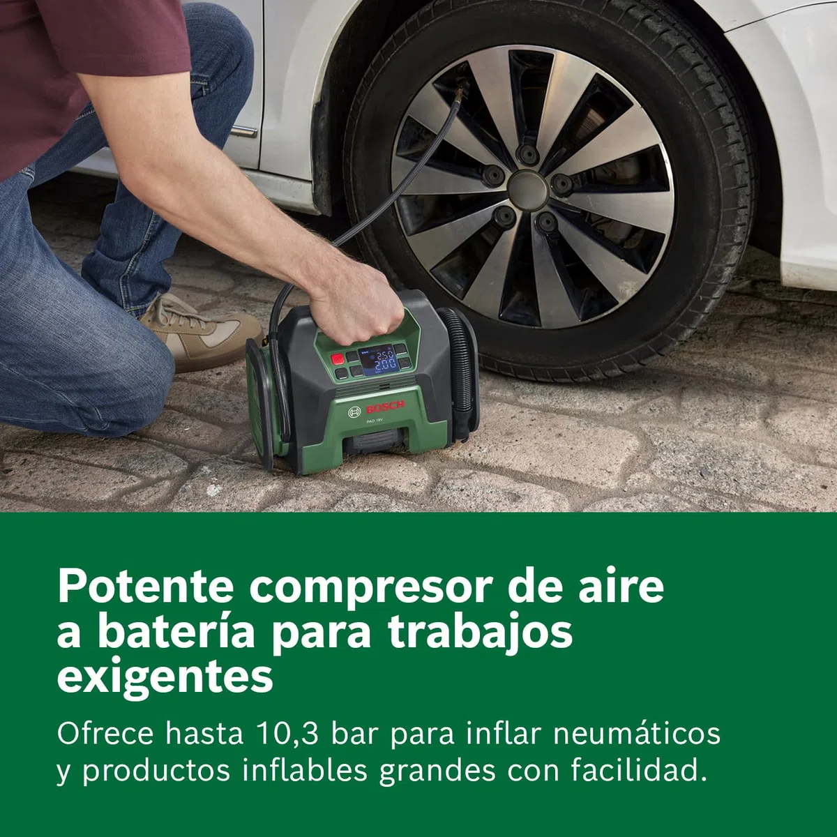 Bosch compresor de aire a batería PAO 18V (infla desde neumáticos a inflables grandes; clip aire comprimido válvula de neumáticos, válvula francesa, boquilla balones, adaptador volumen incl.)