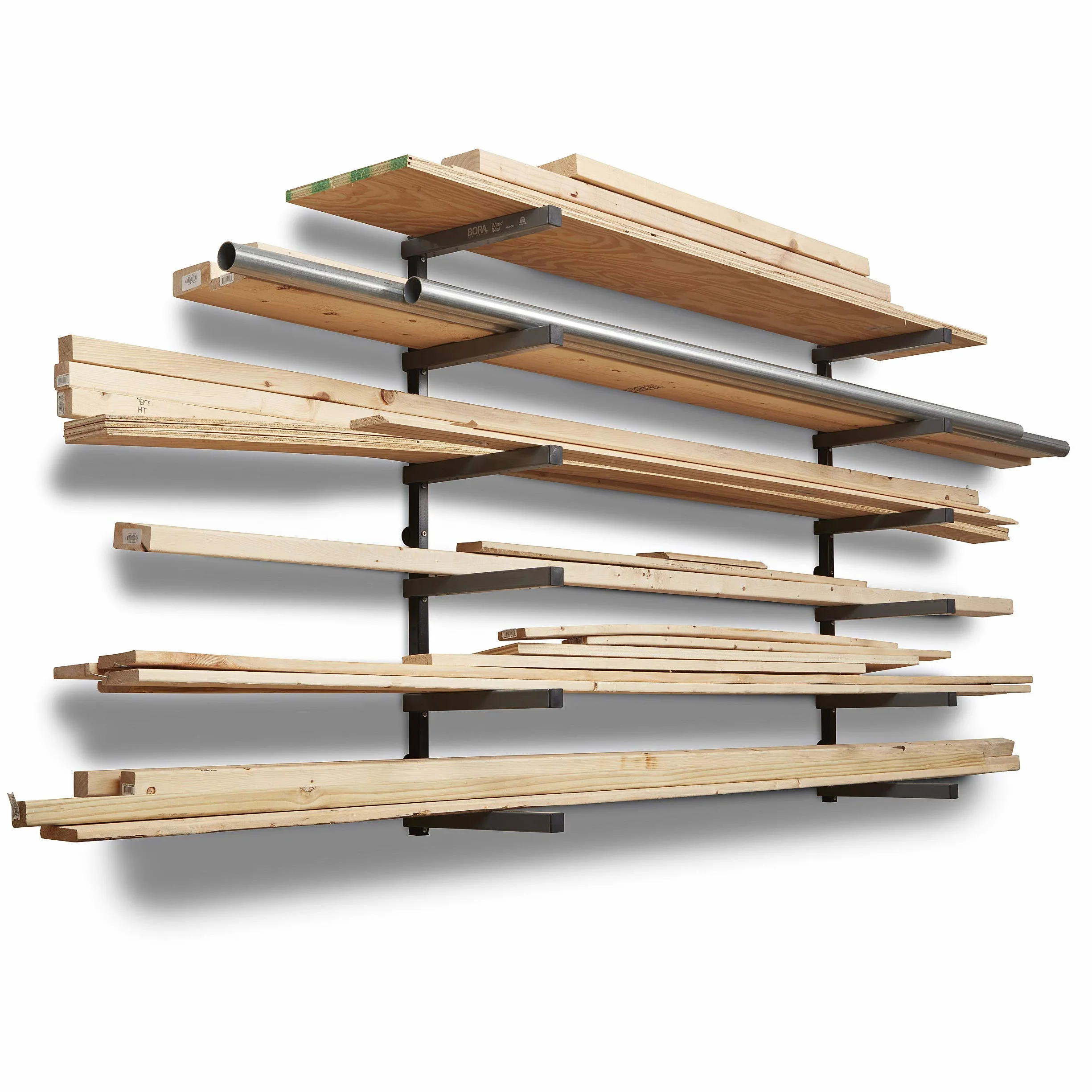 BORA Organizador de madera y estante de metal de almacenamiento de madera con soporte de pared de 6 niveles - Uso en interiores y exteriores, negro | PBR-006B